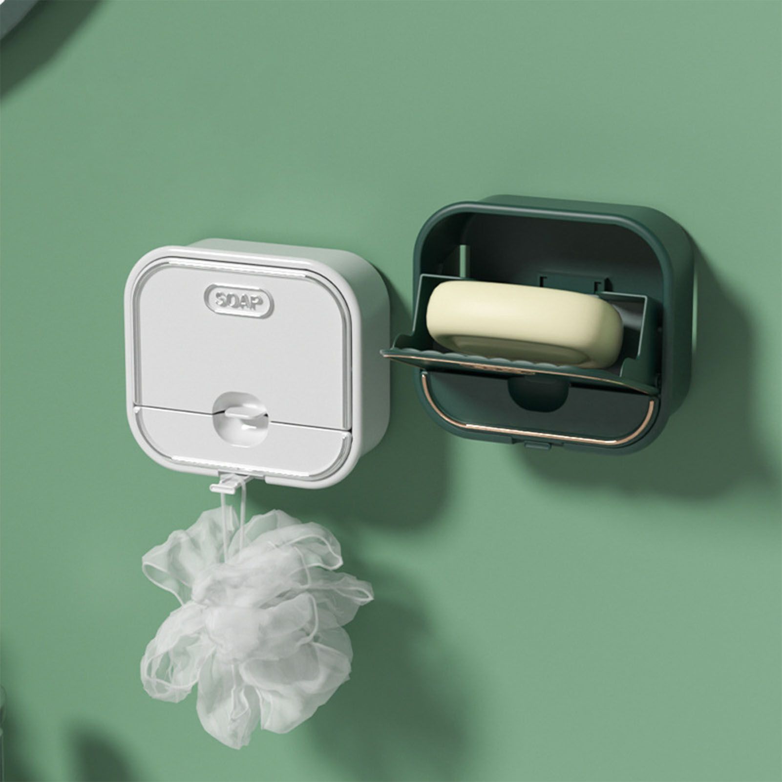 Home Soap Box Non Perforated Wall Mounted Draining Soap Box Flip Cover Bathroom Soap Box Dark Green - Image 7