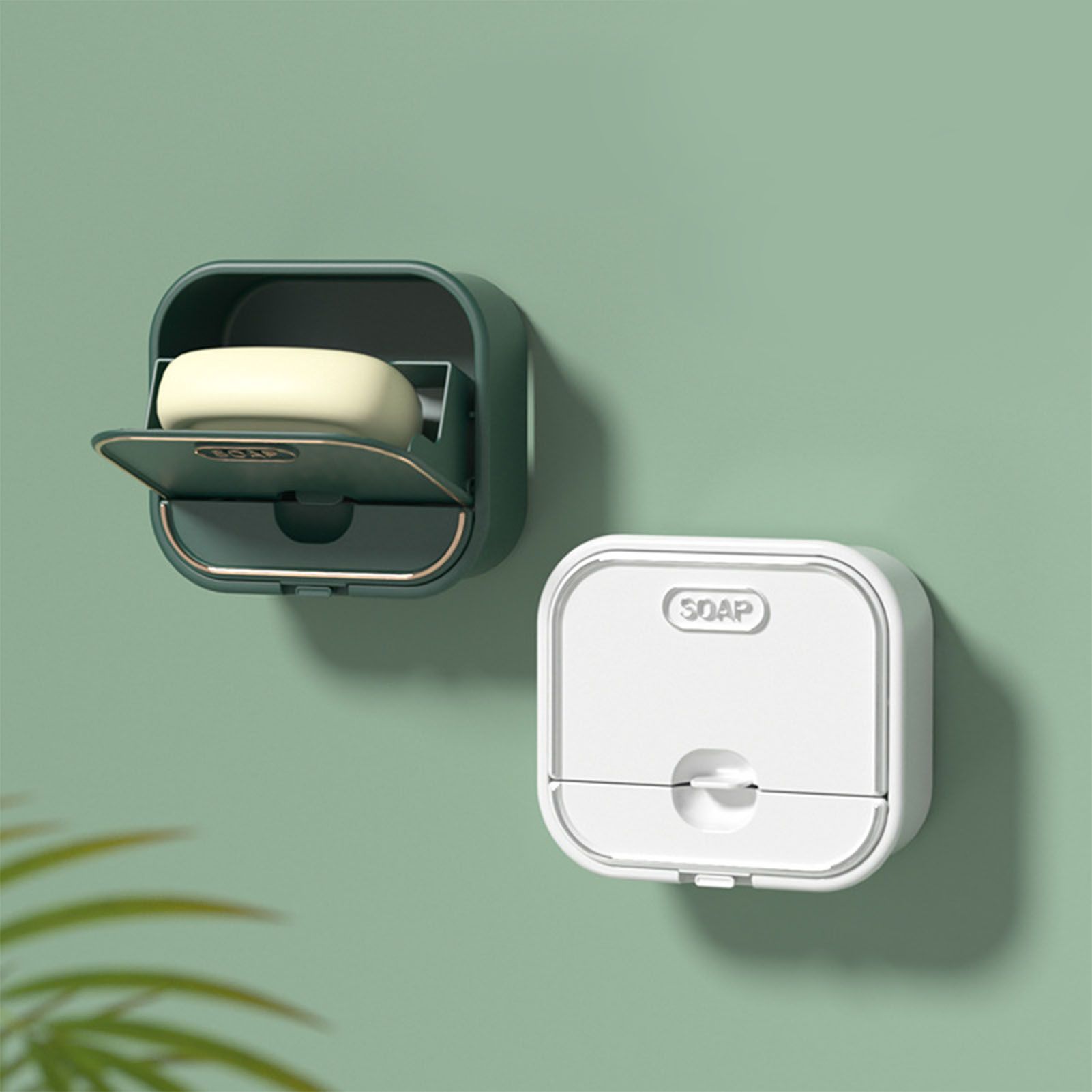 Home Soap Box Non Perforated Wall Mounted Draining Soap Box Flip Cover Bathroom Soap Box Dark Green - Image 8
