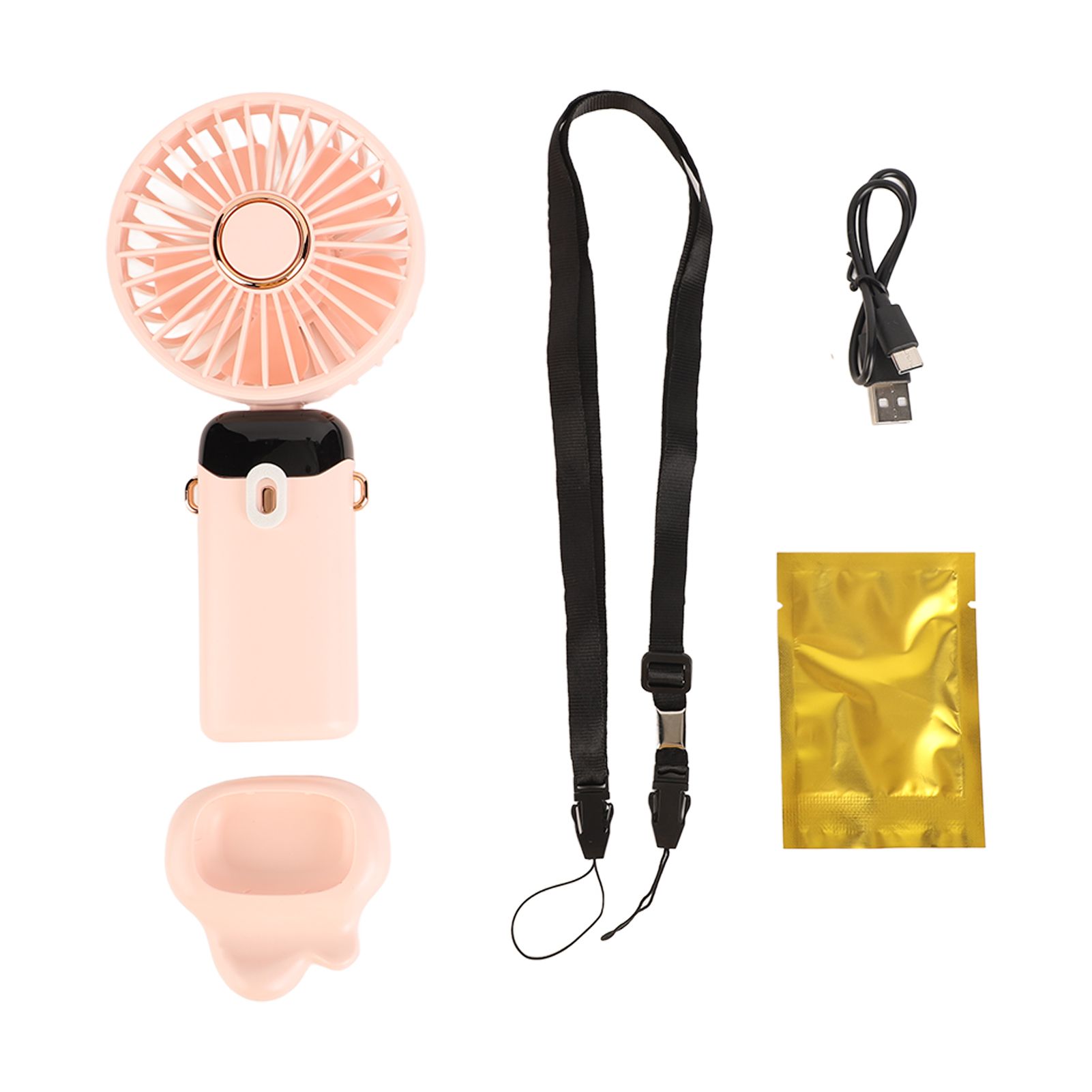 Mini Handheld Fan ABS Portable Digital Display USB Charging Foldable Neck Hanging Fan with Lanyard for Office Outdoor Pink - Image 1