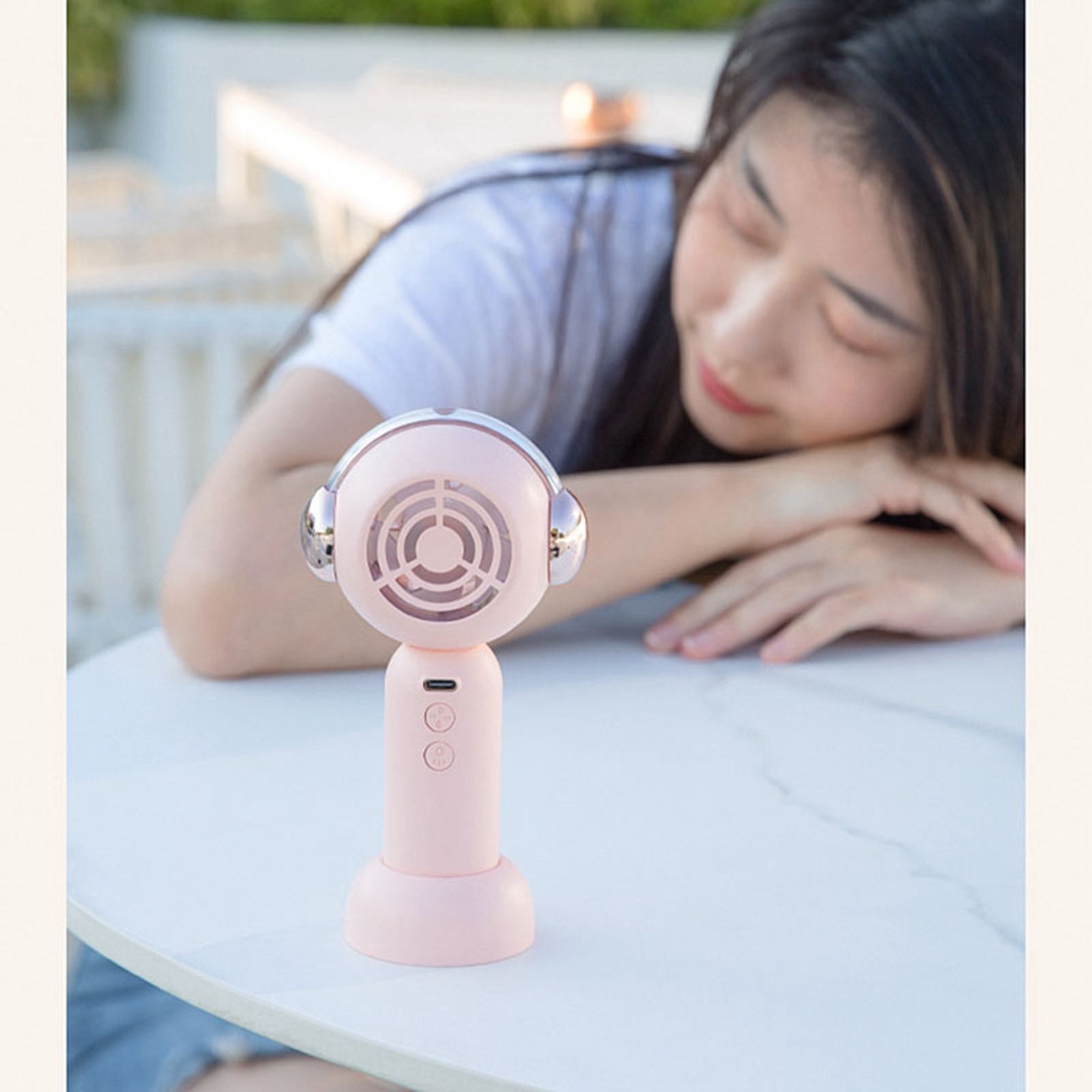 Portable Handheld Misting Fan Cute Cartoon USB Rechargeable Personal Fan for Outdoor Indoor Pink - Image 7