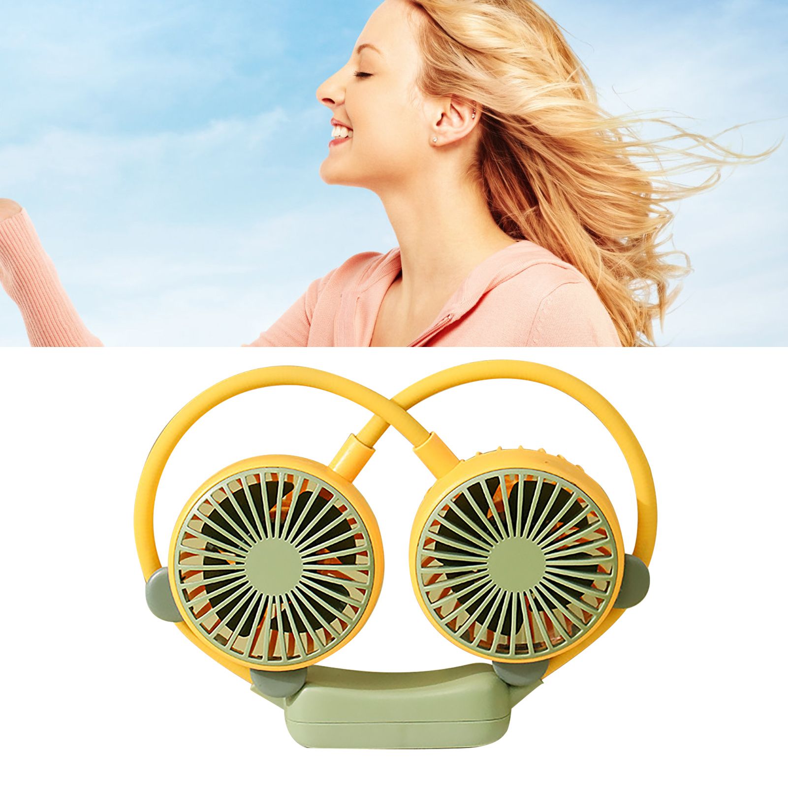 Portable Neck Fan Bendable Wearable USB Rechargeable Hand Free Mini Hanging Fan for Office Travel Yellow - Image 5
