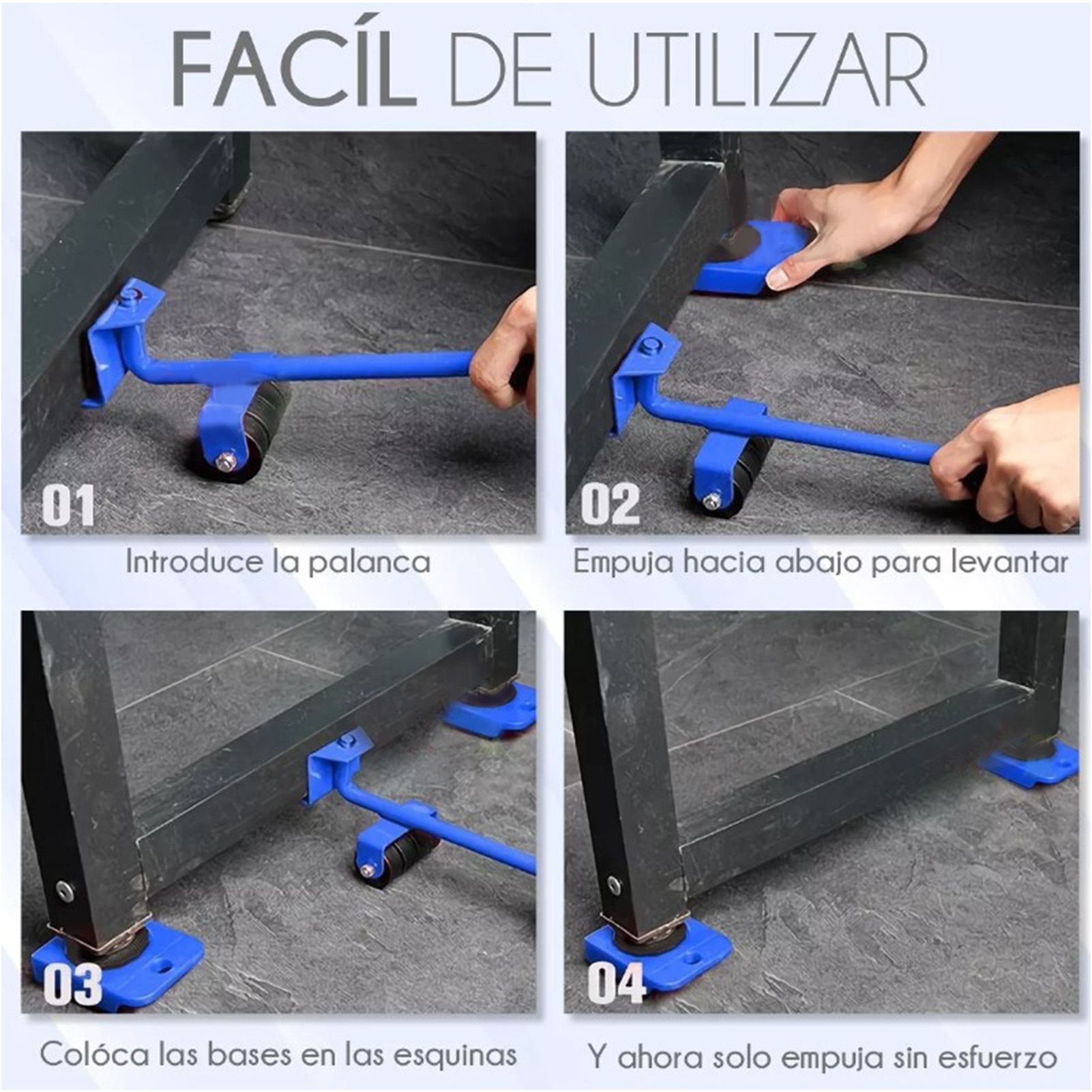 Heavy Duty Furniture Lifter Household Furniture Mover with 4 Wheel Rollers 1 Wheel Bar Blue - Image 6
