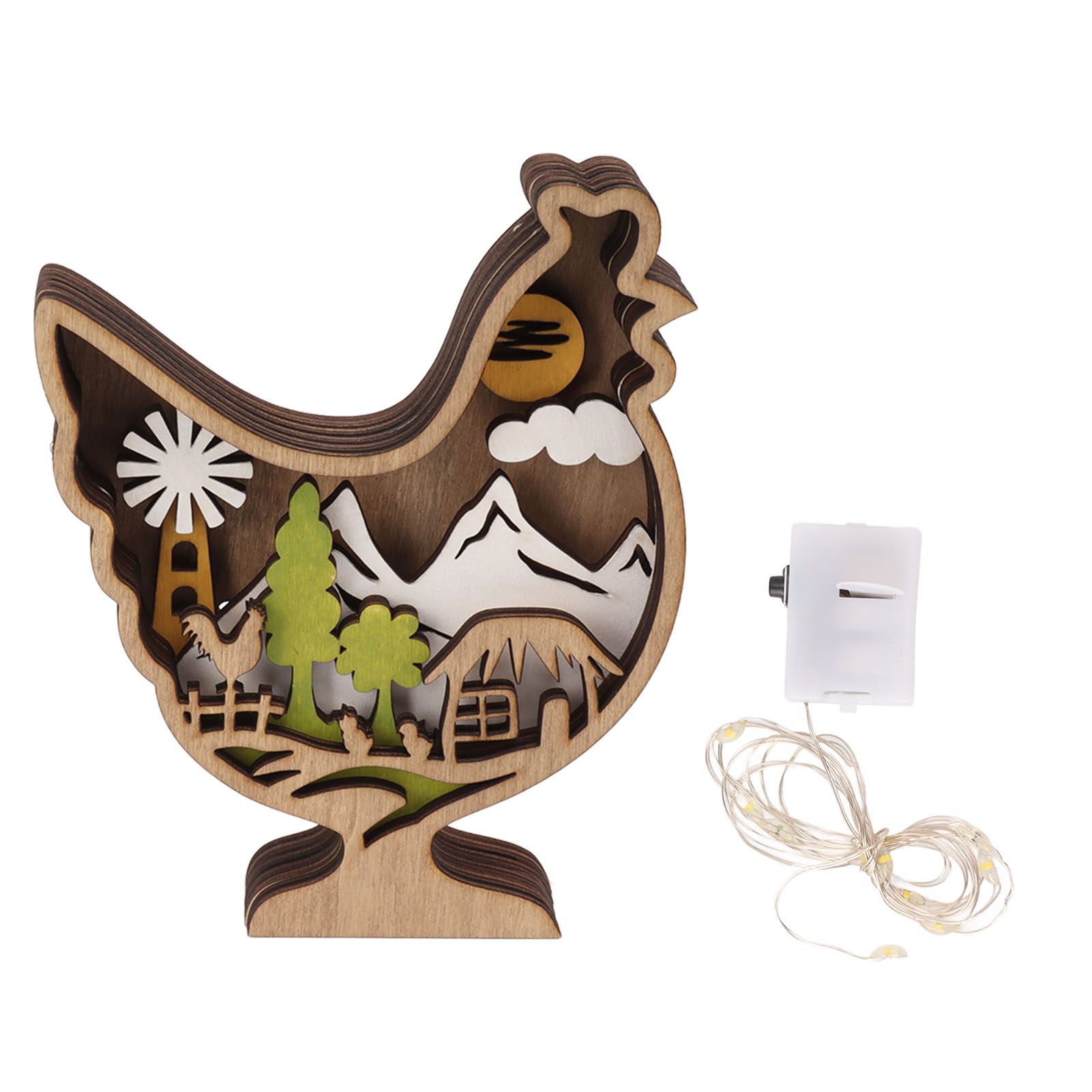 Wooden Chicken Light Statue 3D Hollow Hand Carved Wood Glow Chicken Statue Ornament for Easter - Image 1