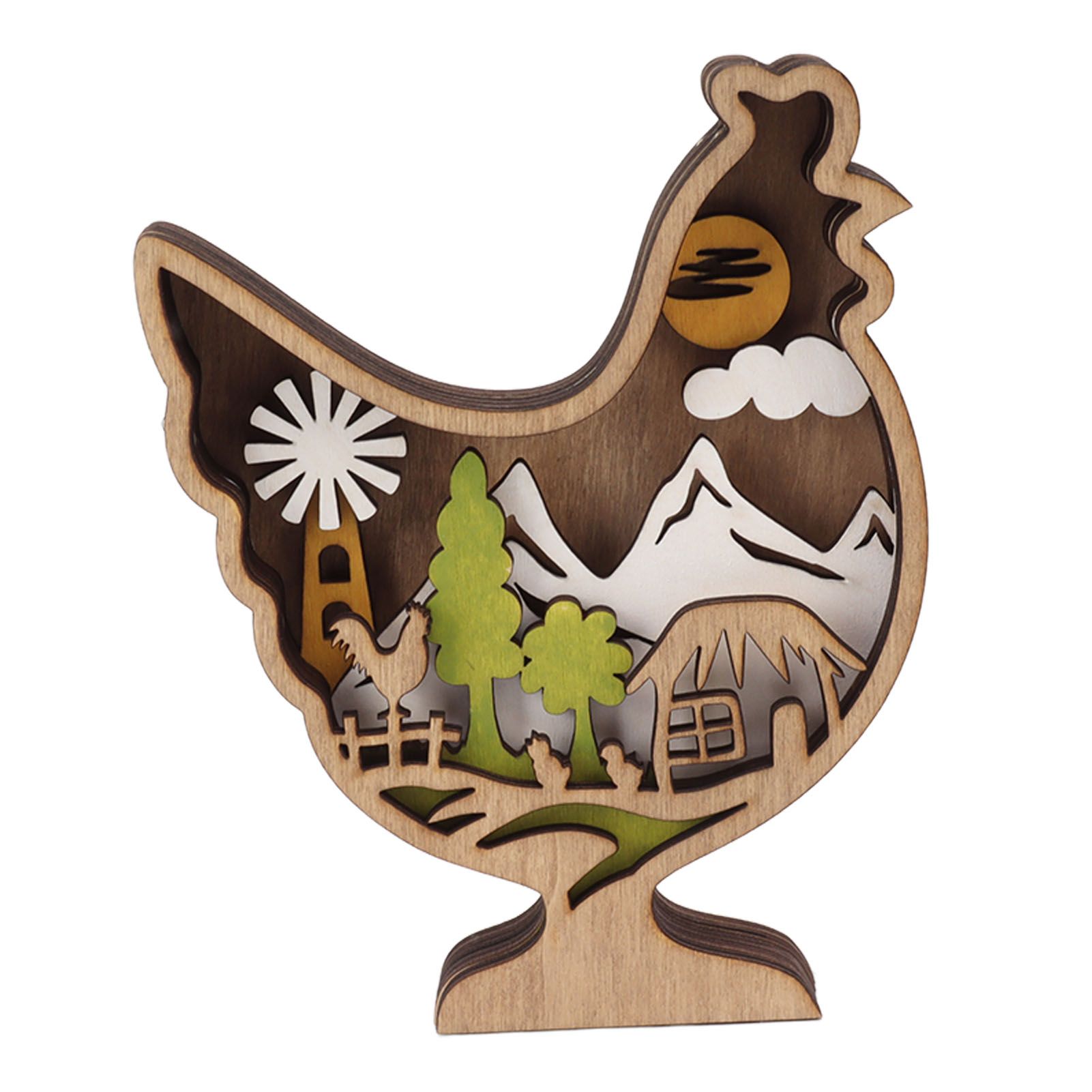 Wooden Chicken Light Statue 3D Hollow Hand Carved Wood Glow Chicken Statue Ornament for Easter - Image 2