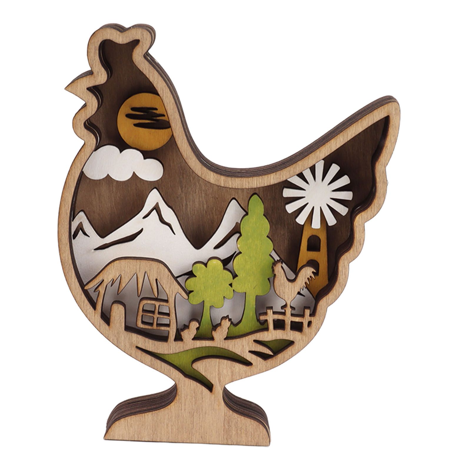 Wooden Chicken Light Statue 3D Hollow Hand Carved Wood Glow Chicken Statue Ornament for Easter - Image 3