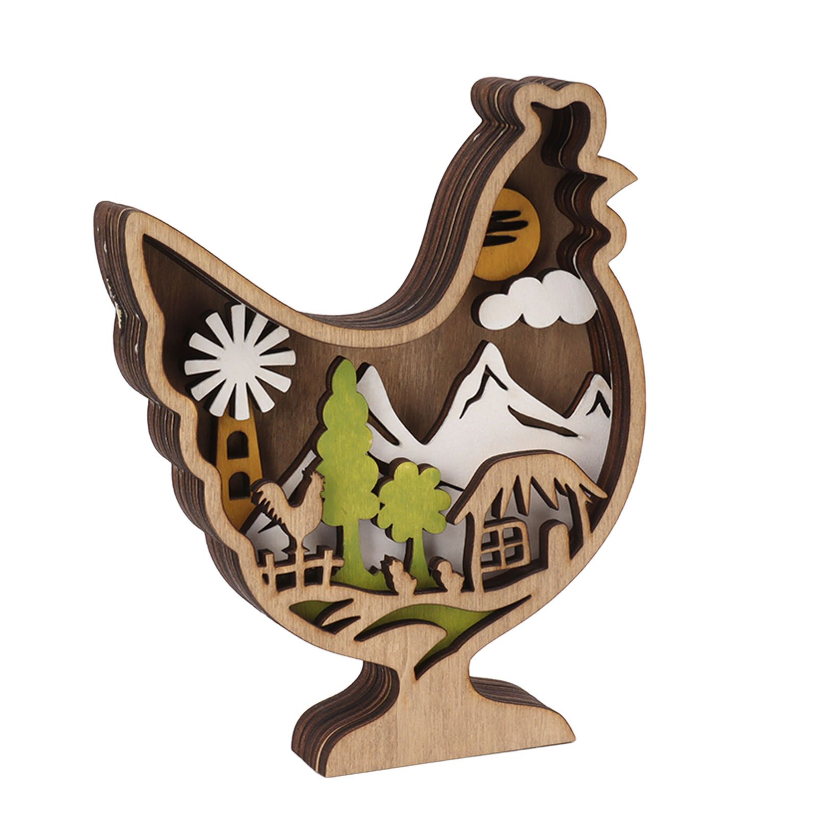Wooden Chicken Light Statue 3D Hollow Hand Carved Wood Glow Chicken Statue Ornament for Easter - Image 4