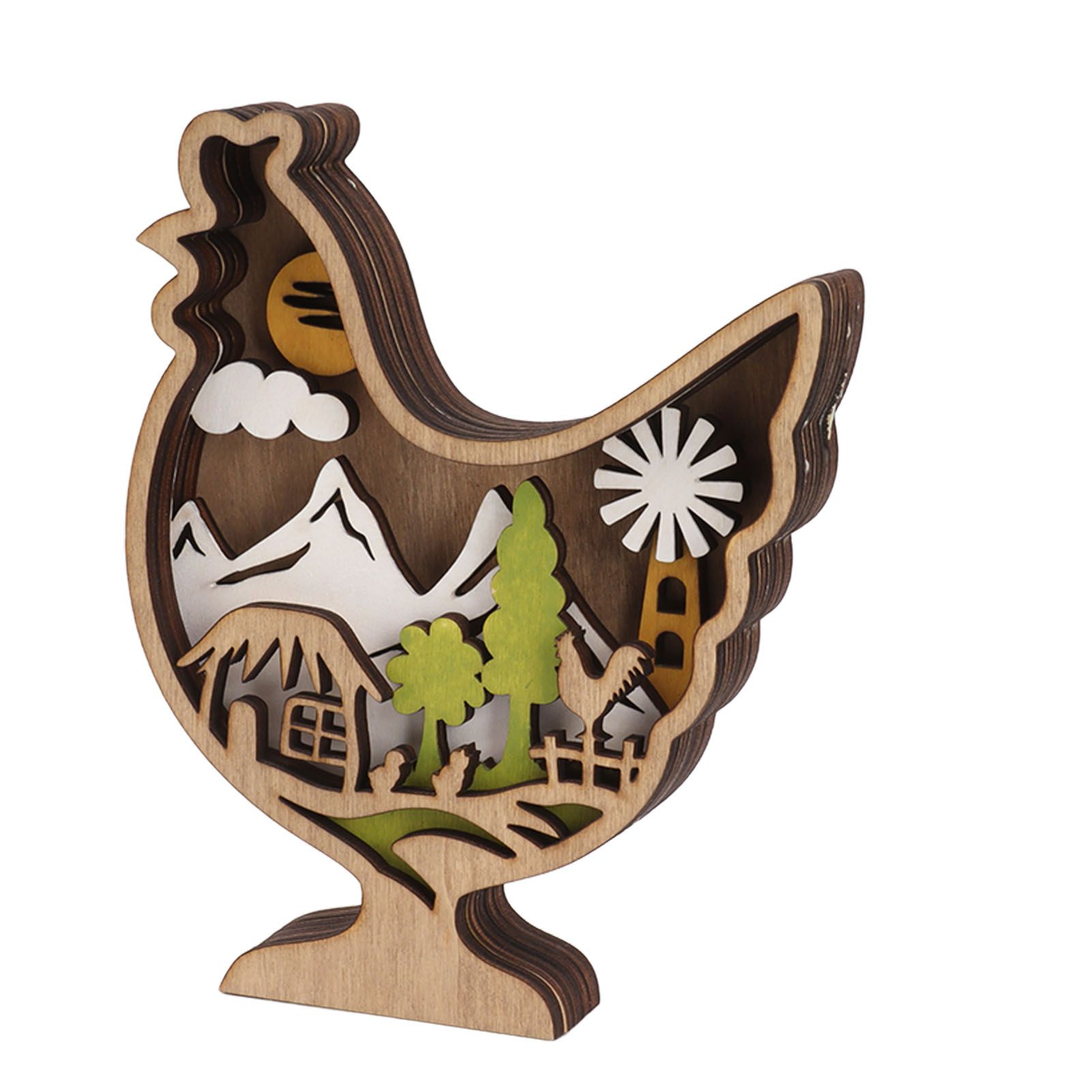 Wooden Chicken Light Statue 3D Hollow Hand Carved Wood Glow Chicken Statue Ornament for Easter - Image 5