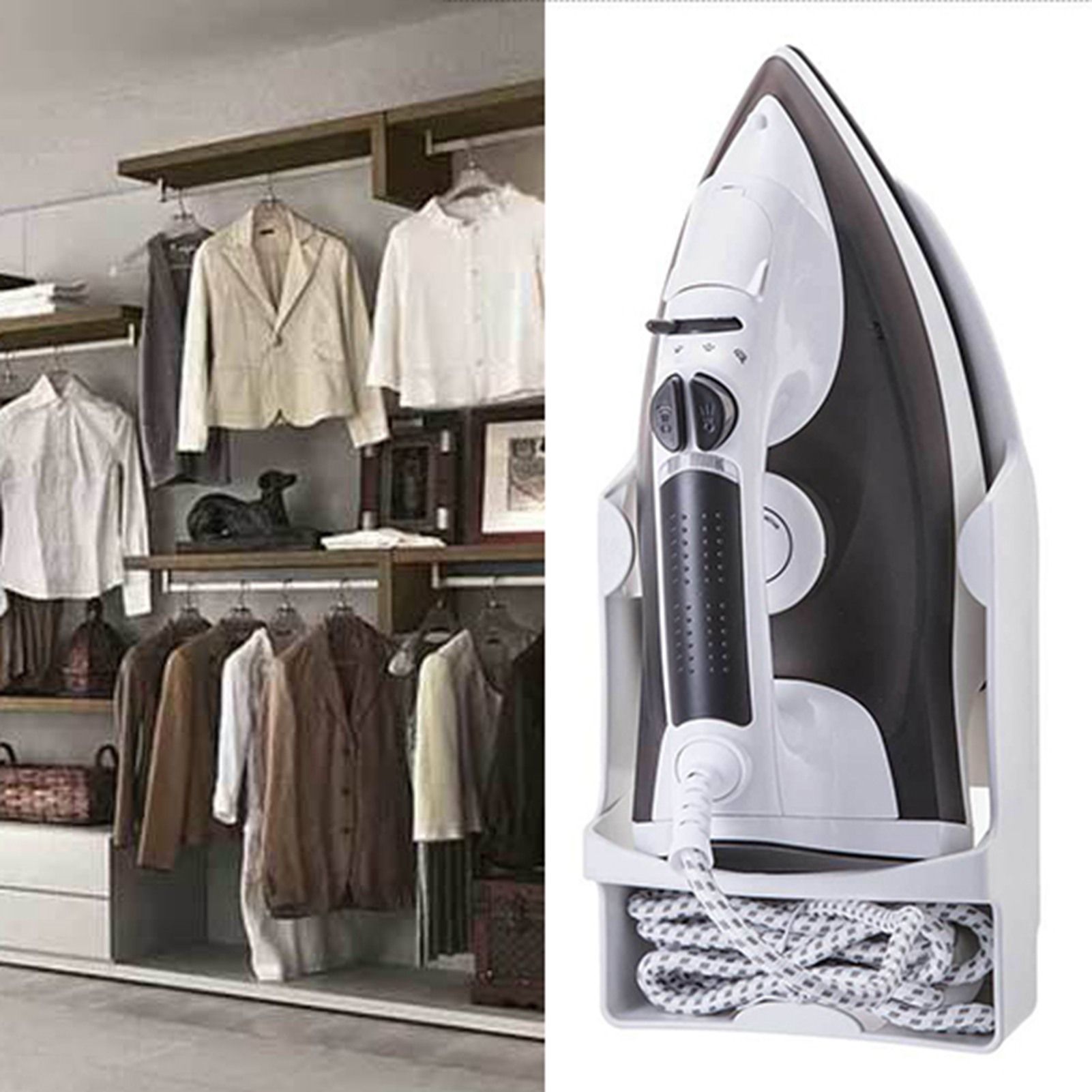 Iron Holder Wall Mounted Heat Resistant Widened Electric Iron Organizer with Hooks for Closet Hotel White - Image 4