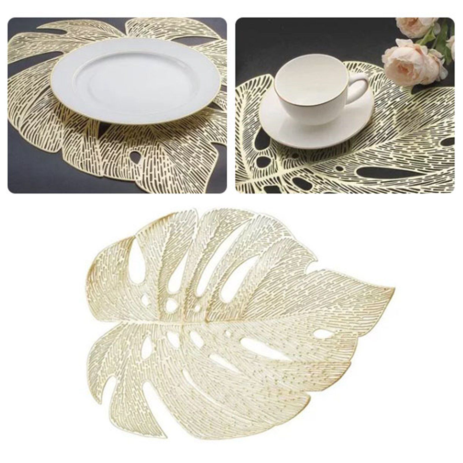 6Pcs Insulation Placemat Hollow Out Simulation Leaf Shape Heat Resistant PVC Table Mat for Kitchen Table Gold - Image 6