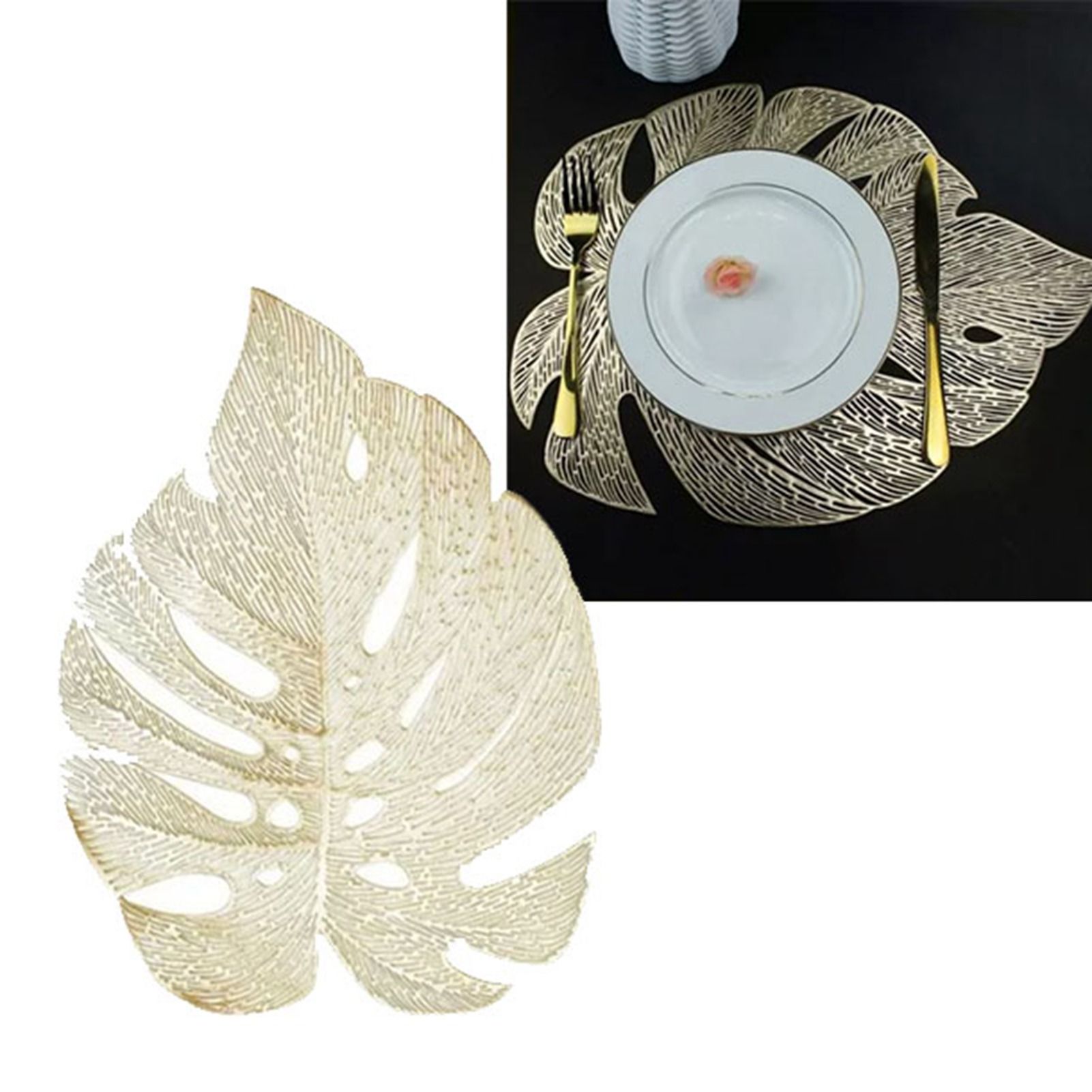 6Pcs Insulation Placemat Hollow Out Simulation Leaf Shape Heat Resistant PVC Table Mat for Kitchen Table Gold - Image 7
