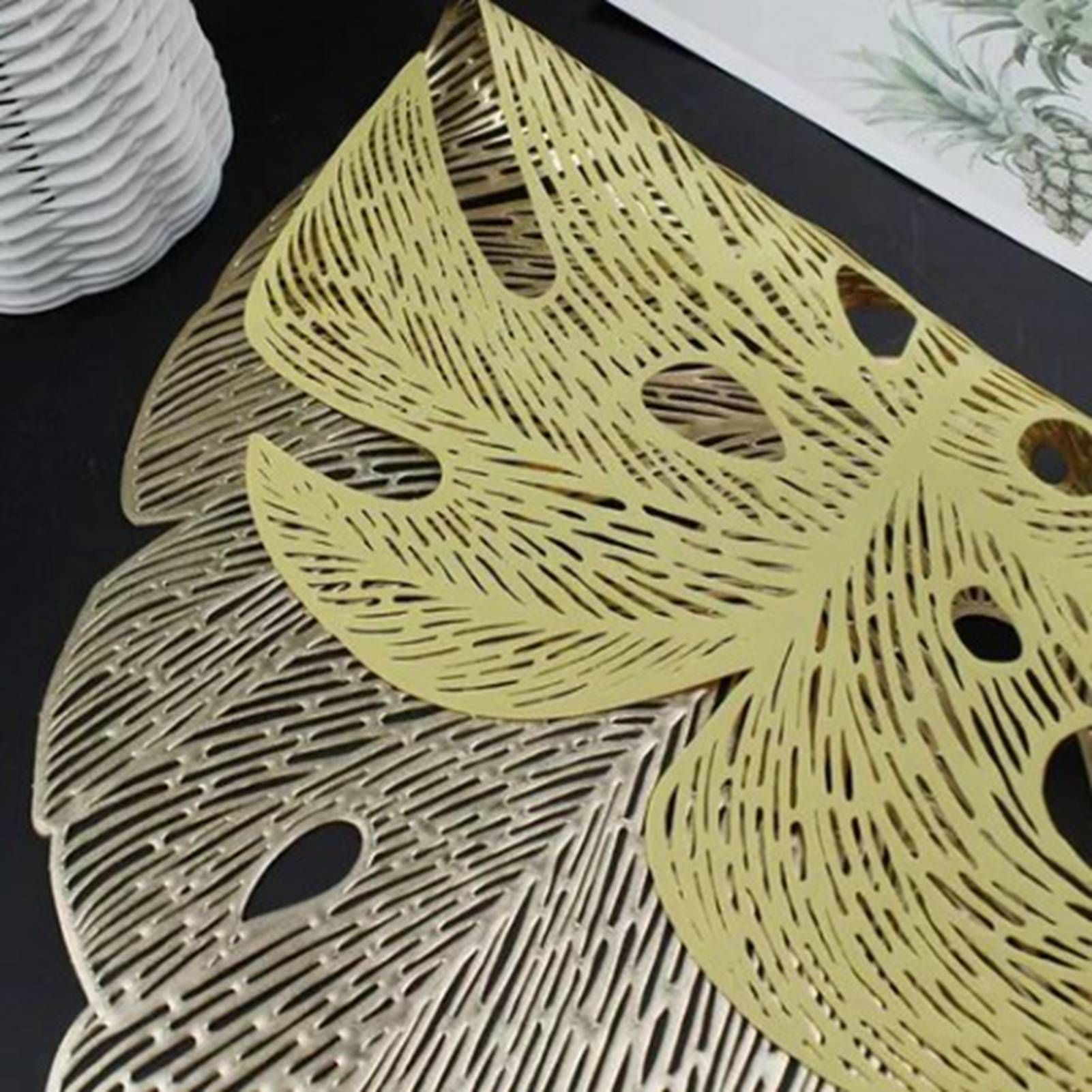 6Pcs Insulation Placemat Hollow Out Simulation Leaf Shape Heat Resistant PVC Table Mat for Kitchen Table Gold - Image 8