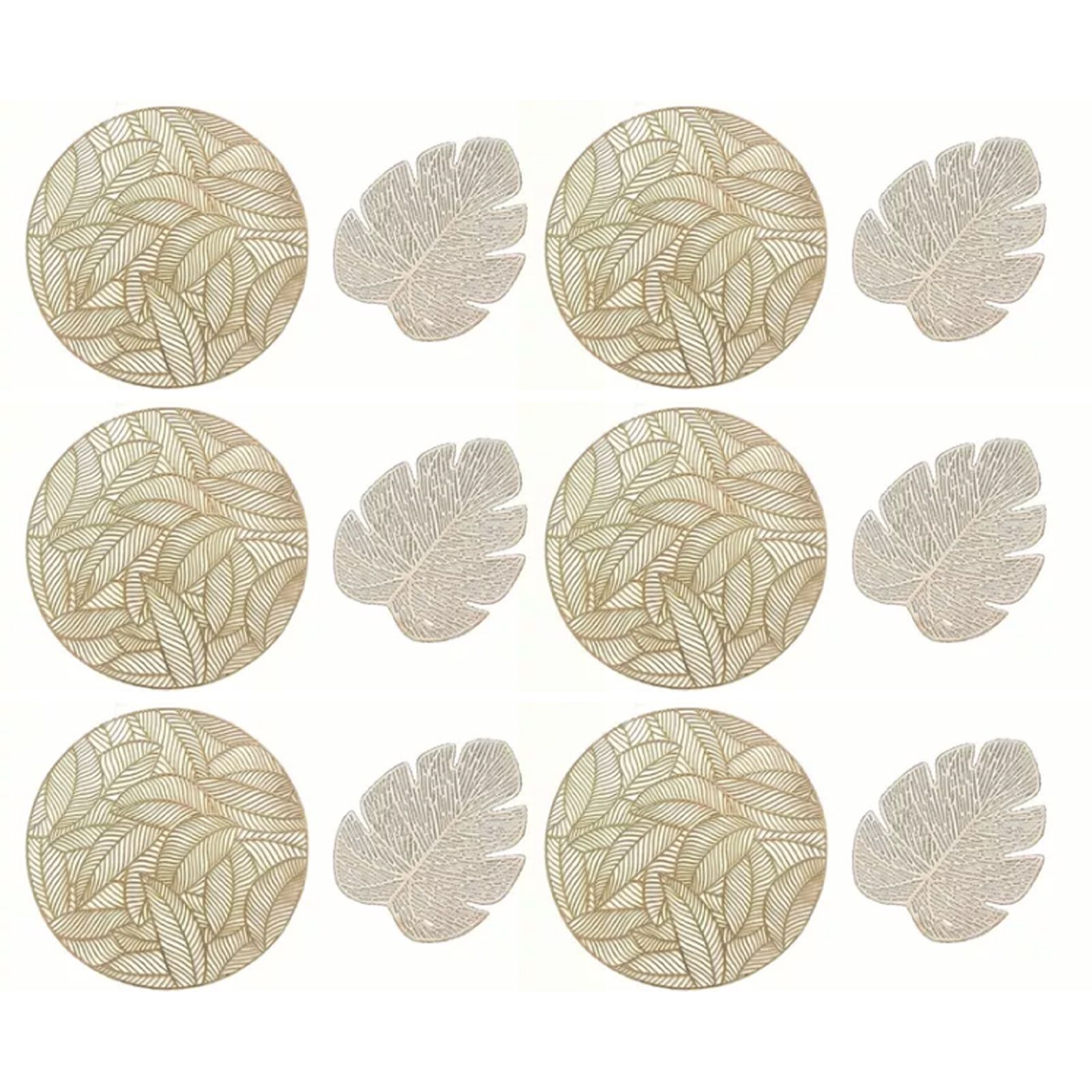 Placemats and Coasters Set Hollow Insulation 6 Pcs Round Dining Table Place Mats and 6 Pcs Leaf Shape Cup Coasters Gold - Image 1