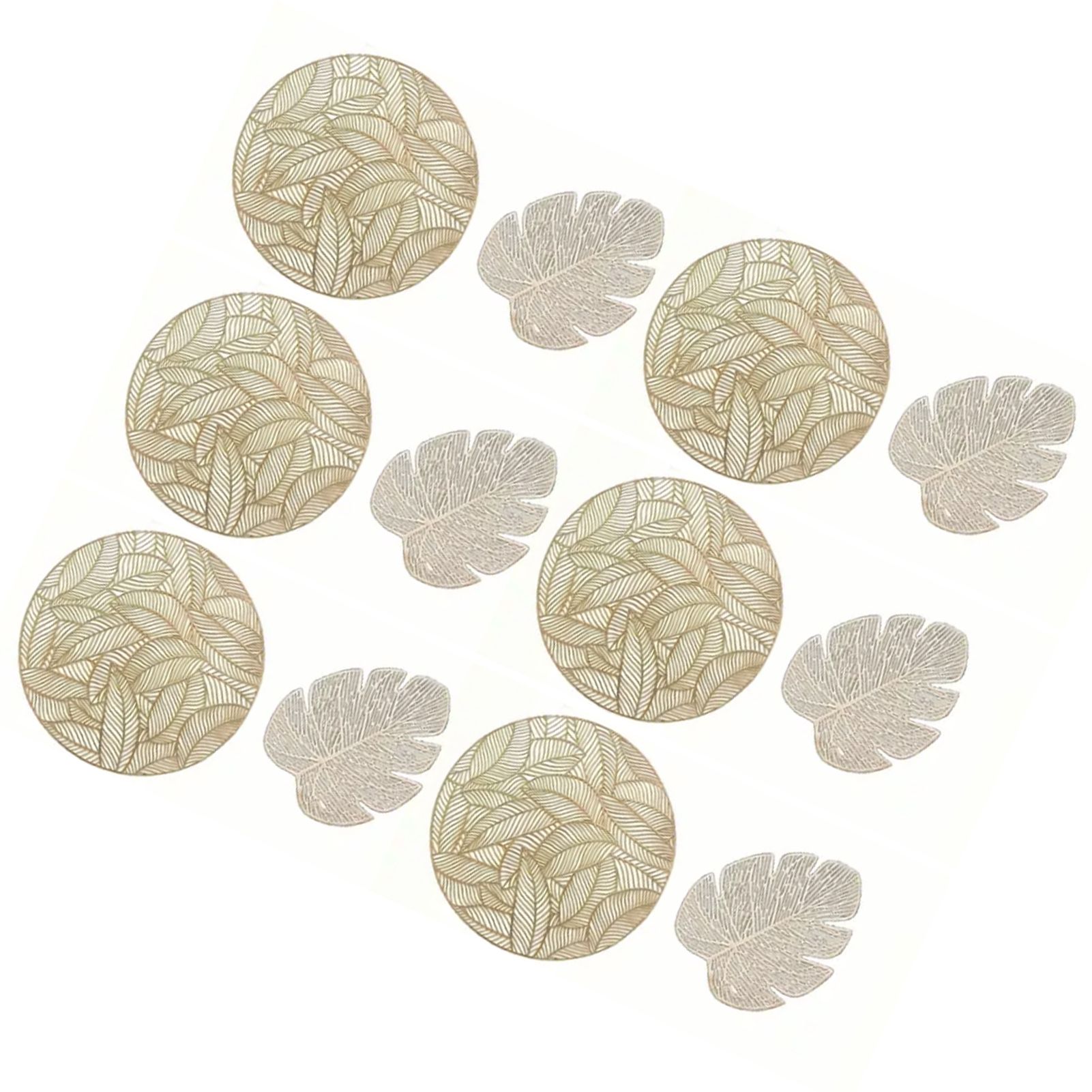 Placemats and Coasters Set Hollow Insulation 6 Pcs Round Dining Table Place Mats and 6 Pcs Leaf Shape Cup Coasters Gold - Image 2