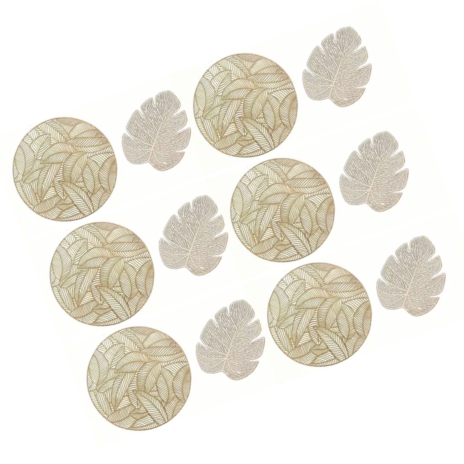 Placemats and Coasters Set Hollow Insulation 6 Pcs Round Dining Table Place Mats and 6 Pcs Leaf Shape Cup Coasters Gold - Image 3