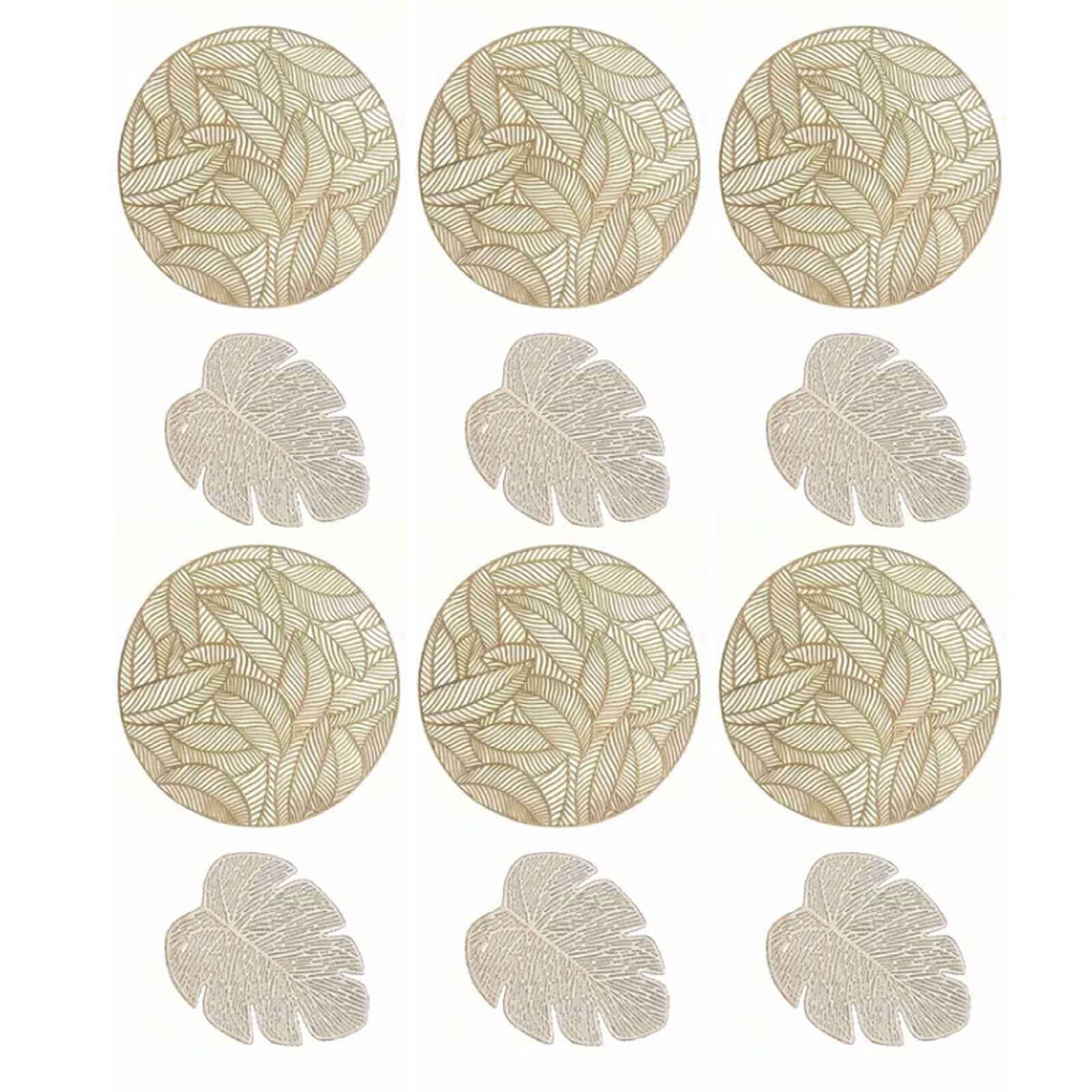 Placemats and Coasters Set Hollow Insulation 6 Pcs Round Dining Table Place Mats and 6 Pcs Leaf Shape Cup Coasters Gold - Image 4