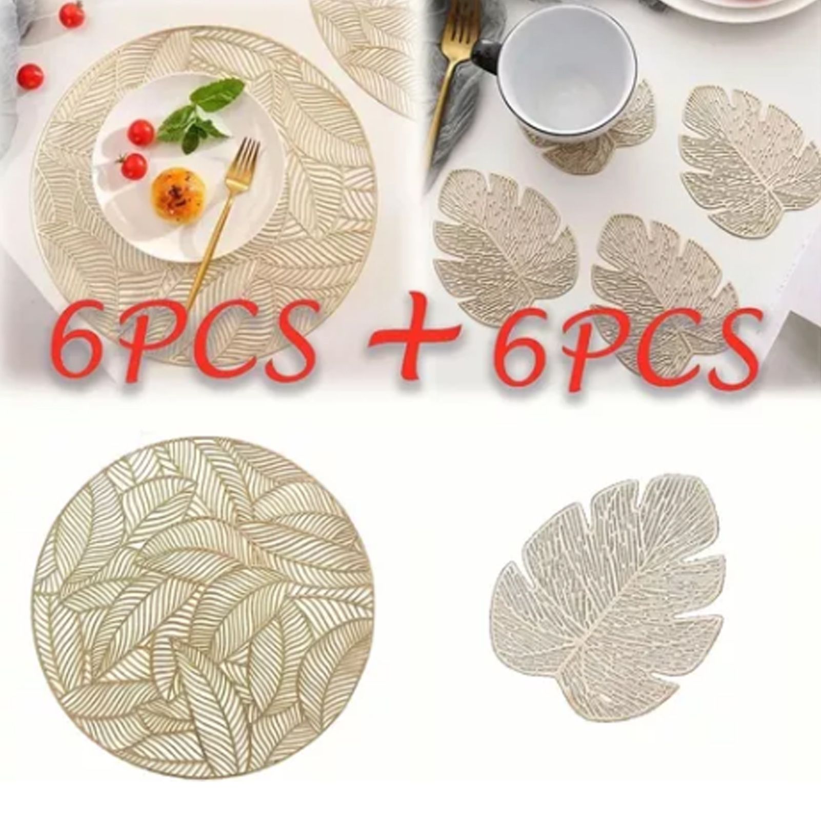 Placemats and Coasters Set Hollow Insulation 6 Pcs Round Dining Table Place Mats and 6 Pcs Leaf Shape Cup Coasters Gold - Image 6