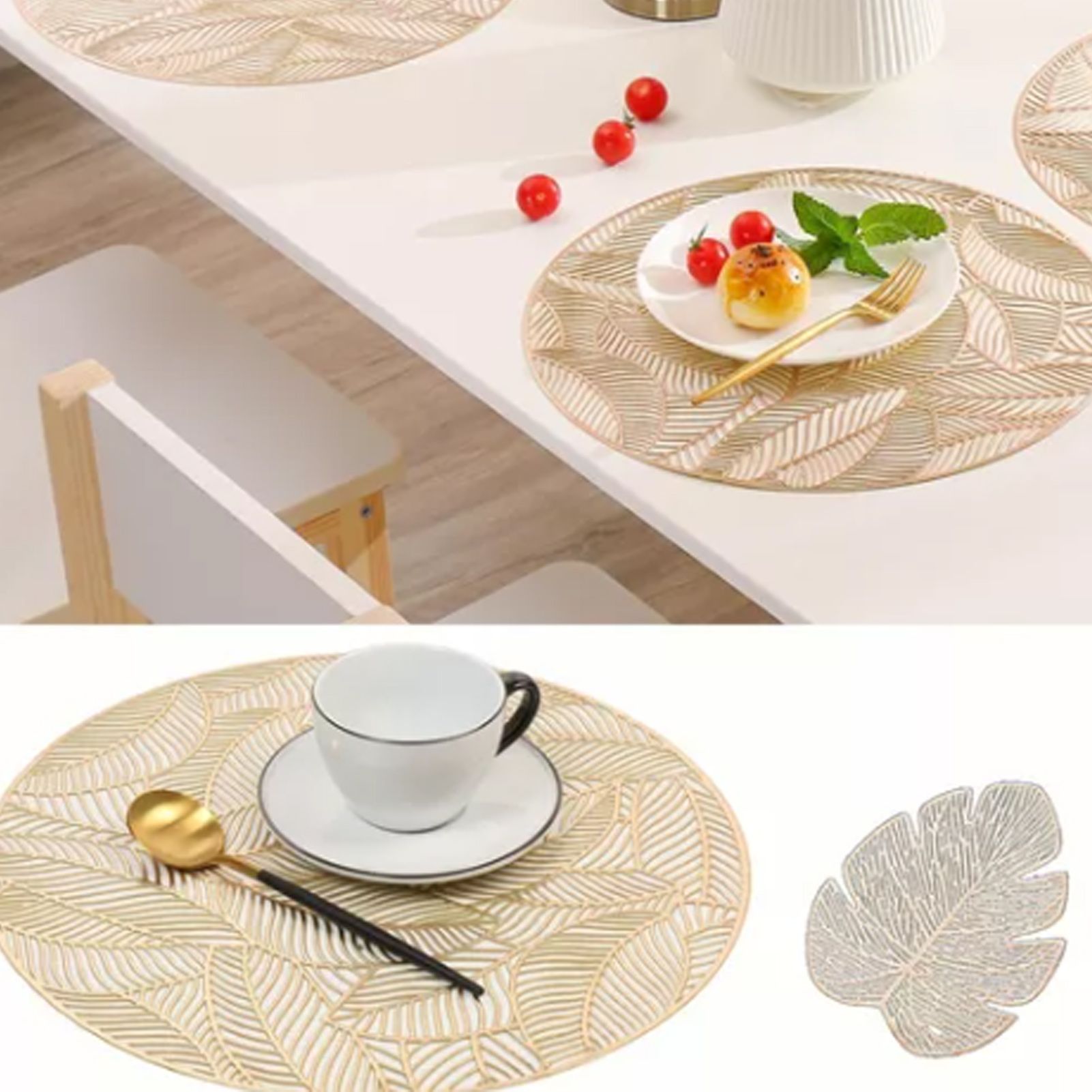 Placemats and Coasters Set Hollow Insulation 6 Pcs Round Dining Table Place Mats and 6 Pcs Leaf Shape Cup Coasters Gold - Image 7