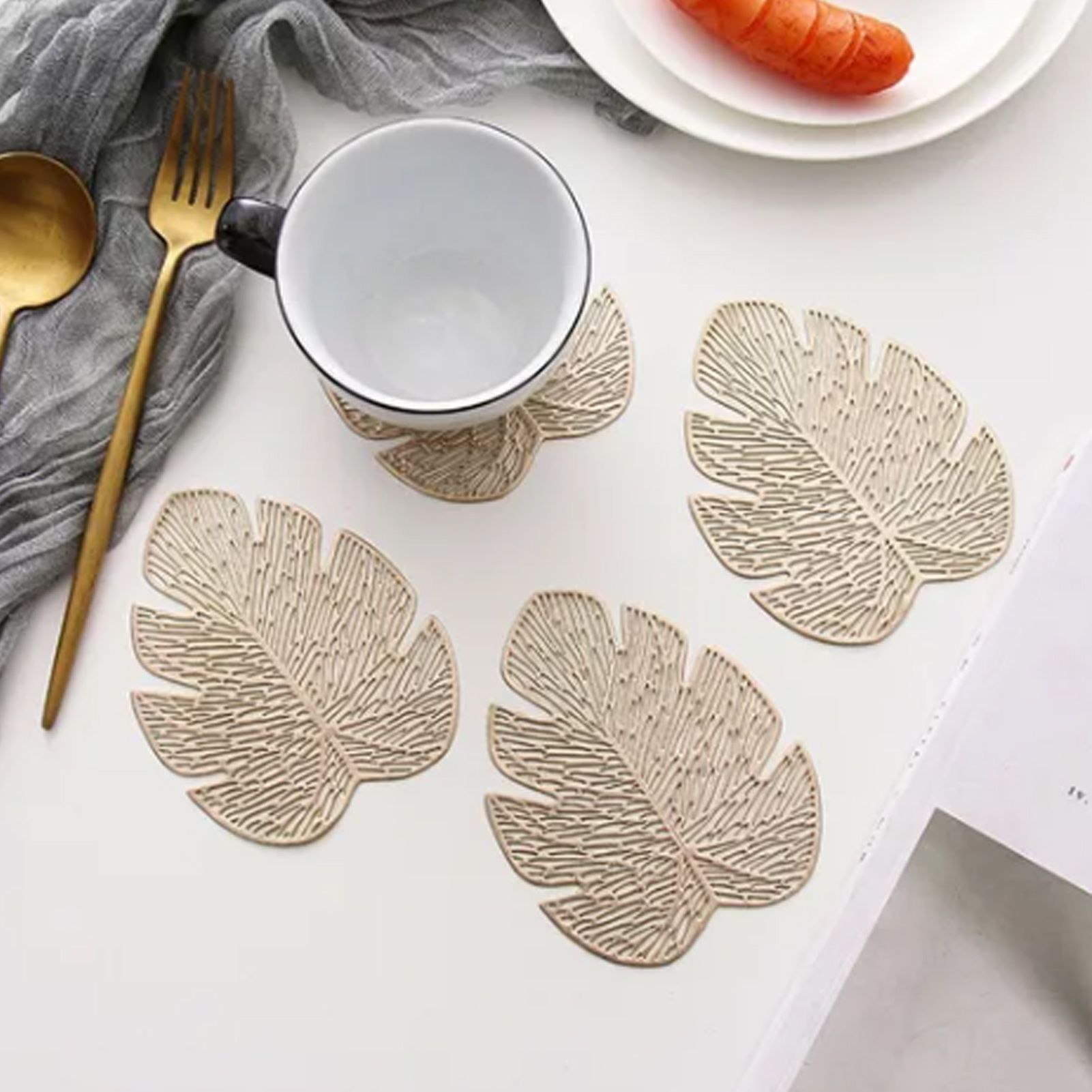 Placemats and Coasters Set Hollow Insulation 6 Pcs Round Dining Table Place Mats and 6 Pcs Leaf Shape Cup Coasters Gold - Image 8