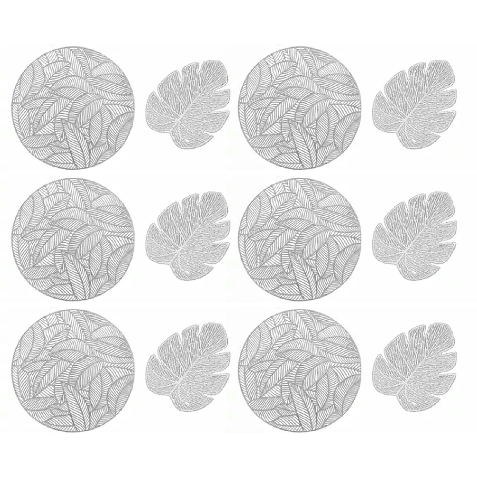 Placemats and Coasters Set Hollow Insulation 6 Pcs Round Dining Table Place Mats and 6 Pcs Leaf Shape Cup Coasters Silver - Image 1