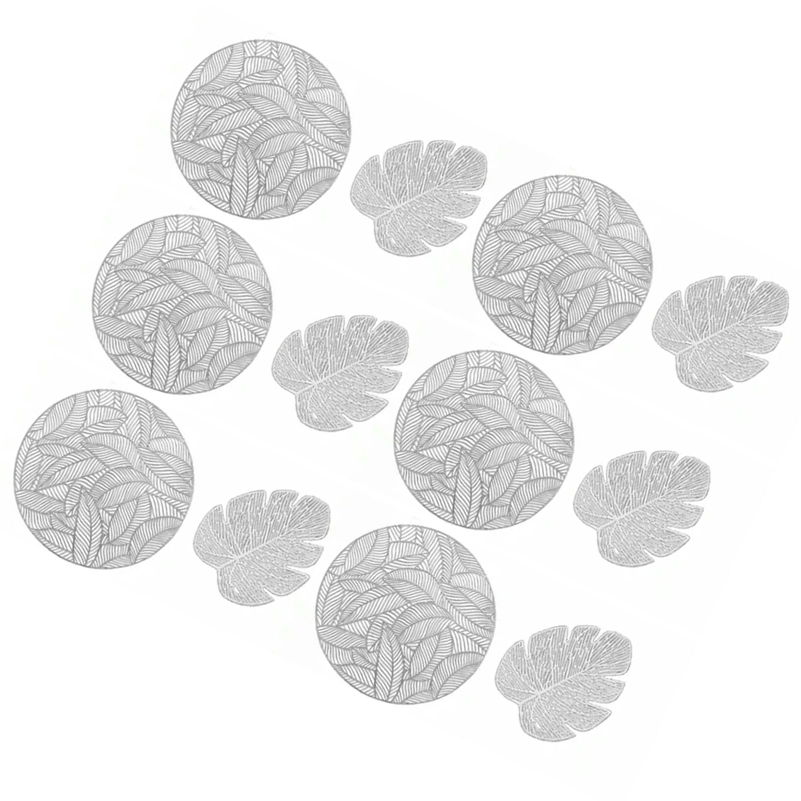 Placemats and Coasters Set Hollow Insulation 6 Pcs Round Dining Table Place Mats and 6 Pcs Leaf Shape Cup Coasters Silver - Image 2