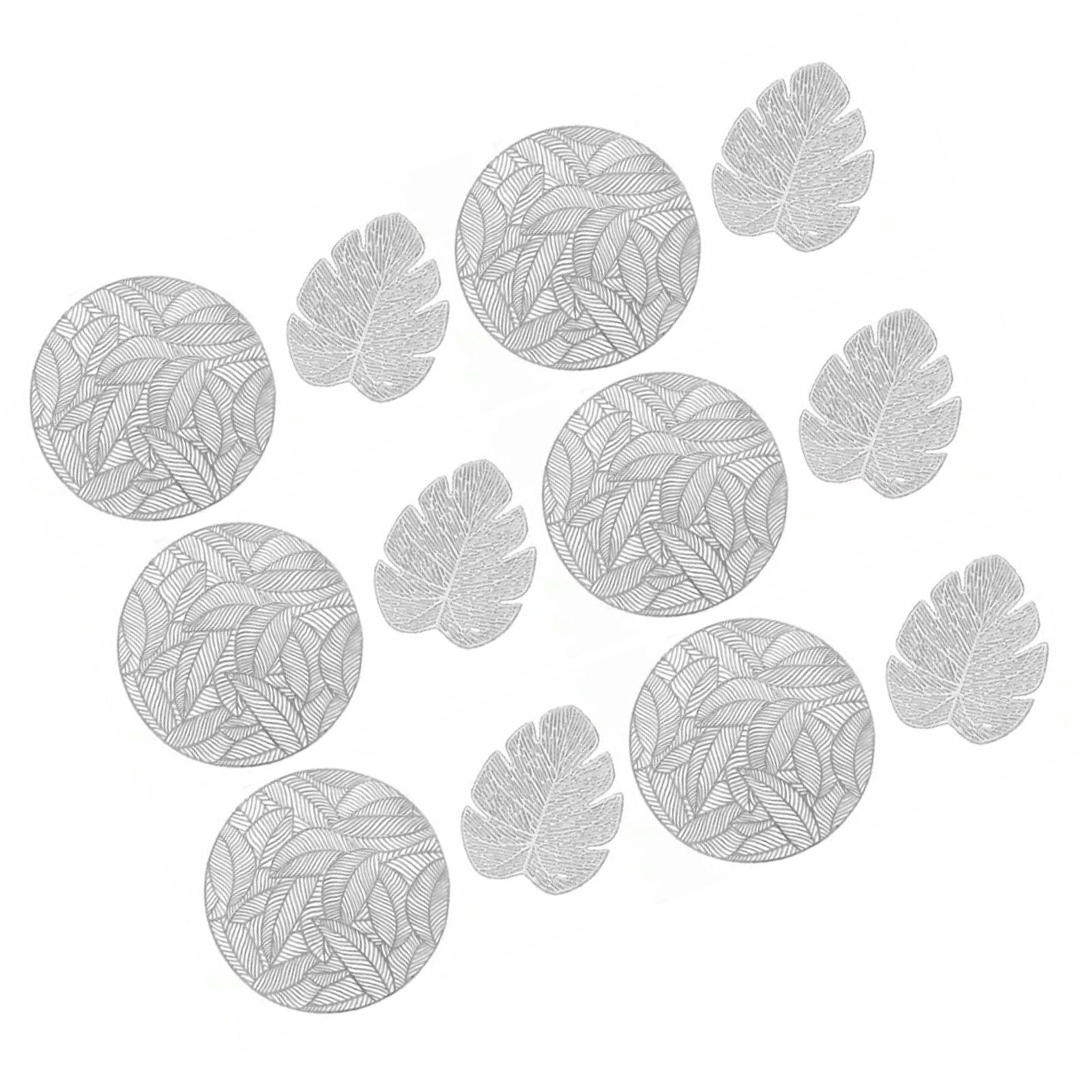 Placemats and Coasters Set Hollow Insulation 6 Pcs Round Dining Table Place Mats and 6 Pcs Leaf Shape Cup Coasters Silver - Image 3