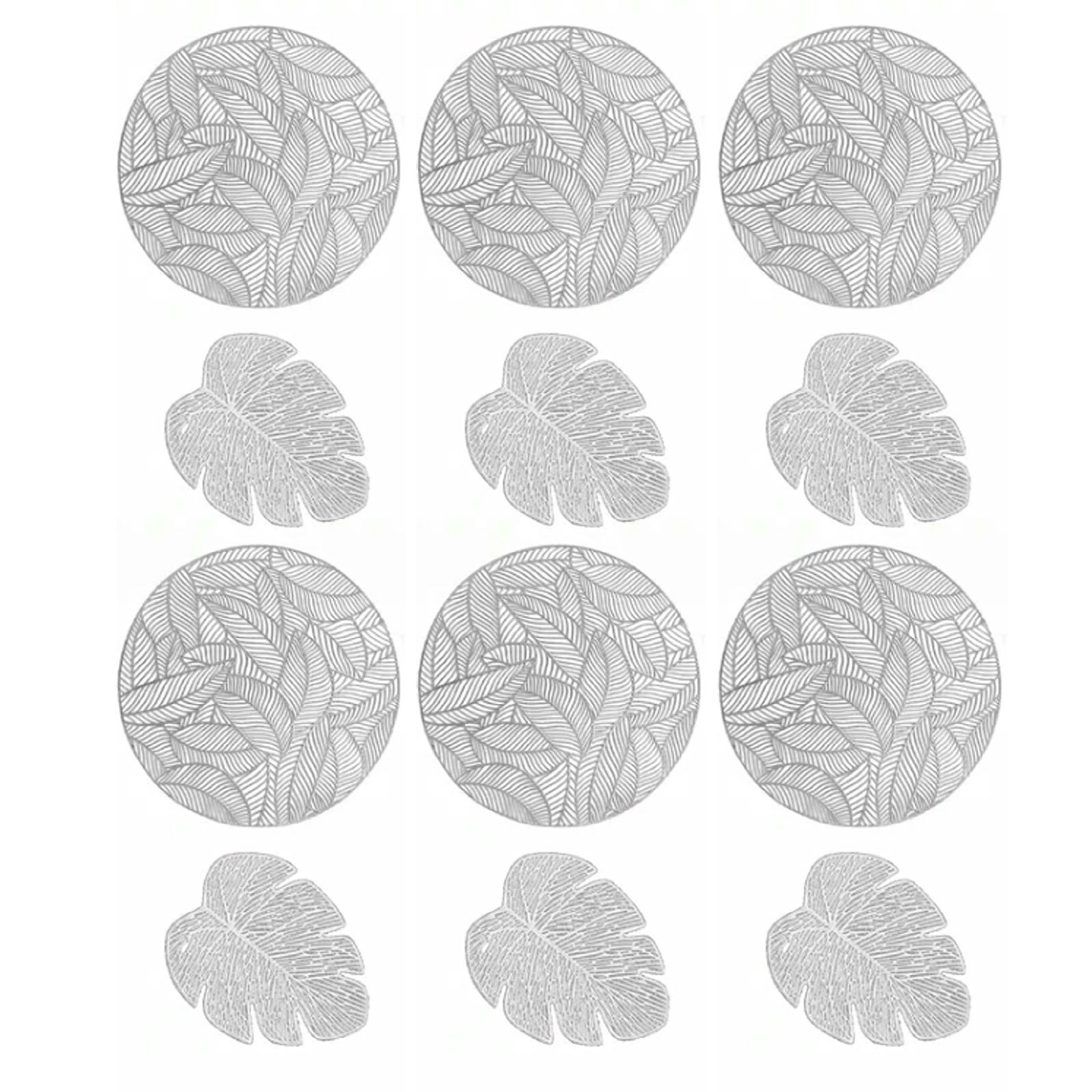 Placemats and Coasters Set Hollow Insulation 6 Pcs Round Dining Table Place Mats and 6 Pcs Leaf Shape Cup Coasters Silver - Image 4