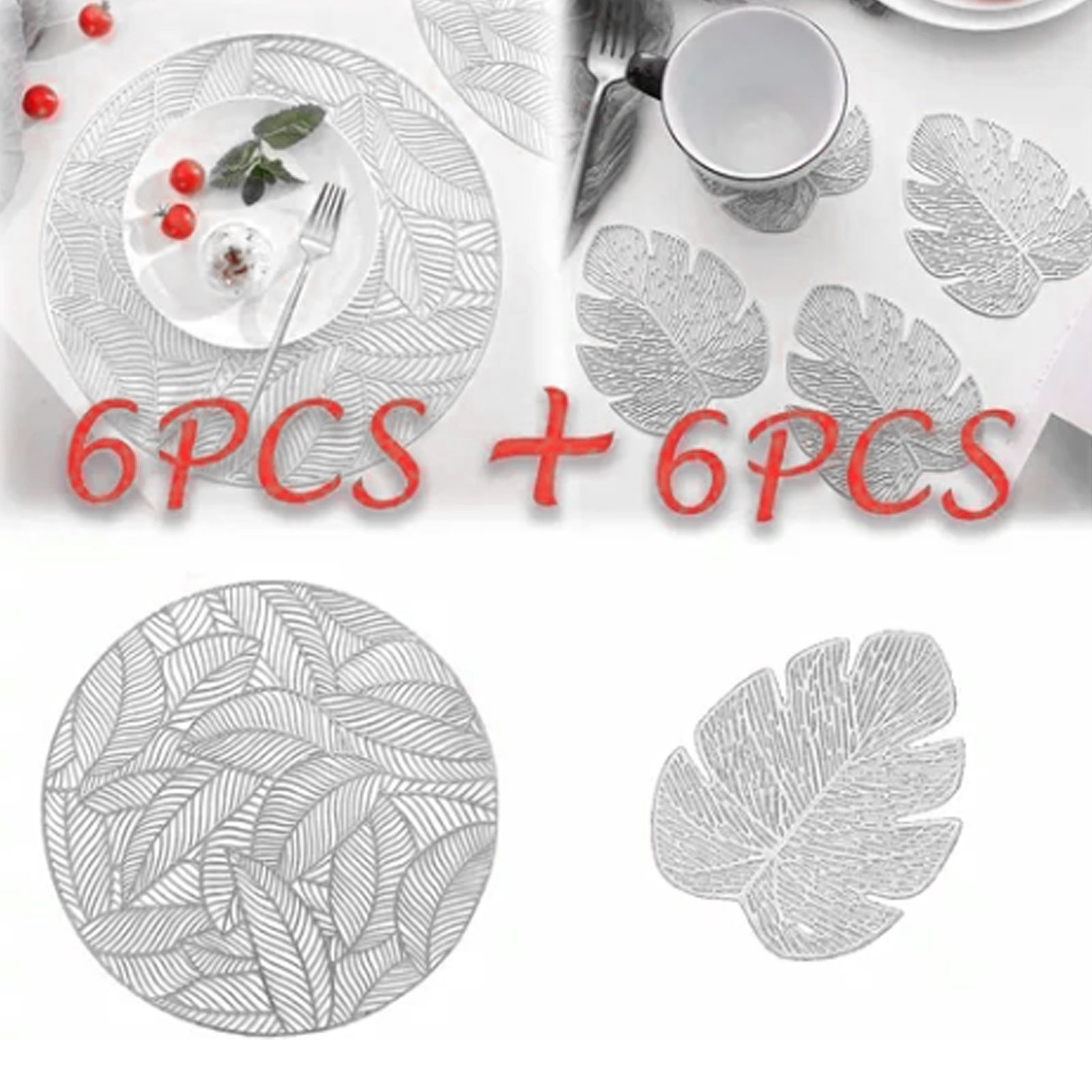 Placemats and Coasters Set Hollow Insulation 6 Pcs Round Dining Table Place Mats and 6 Pcs Leaf Shape Cup Coasters Silver - Image 6