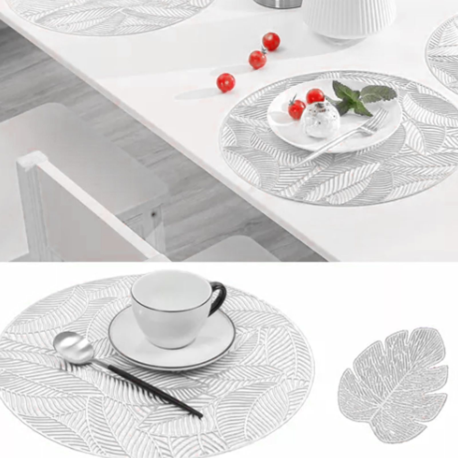 Placemats and Coasters Set Hollow Insulation 6 Pcs Round Dining Table Place Mats and 6 Pcs Leaf Shape Cup Coasters Silver - Image 7