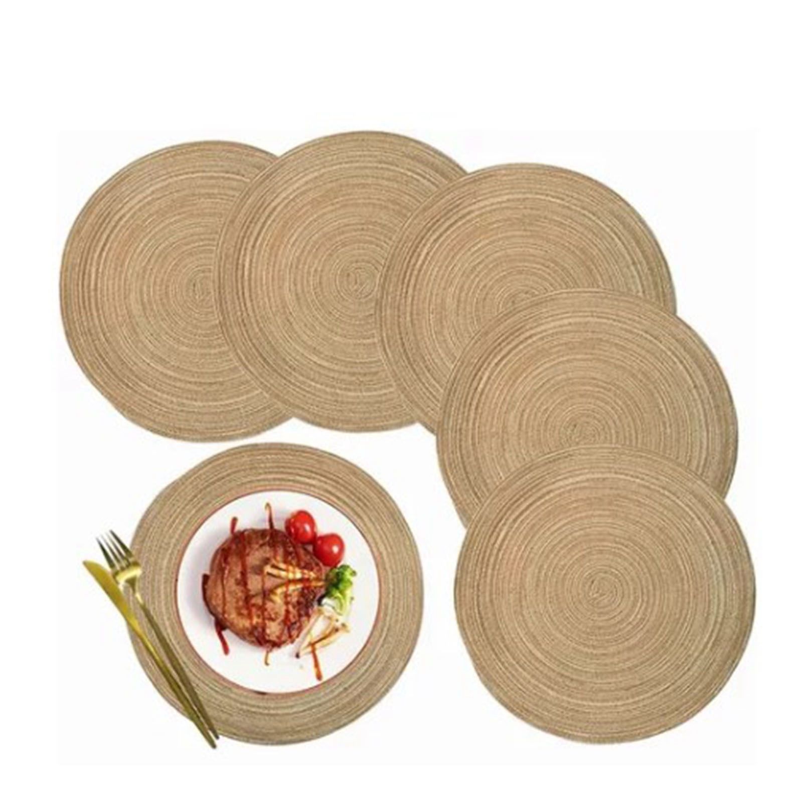 6pcs Round Placemats Slip Proof Prevent Scalding Insulation Decorative Woven Table Mats for Home Cafe Khaki 11.8in - Image 1