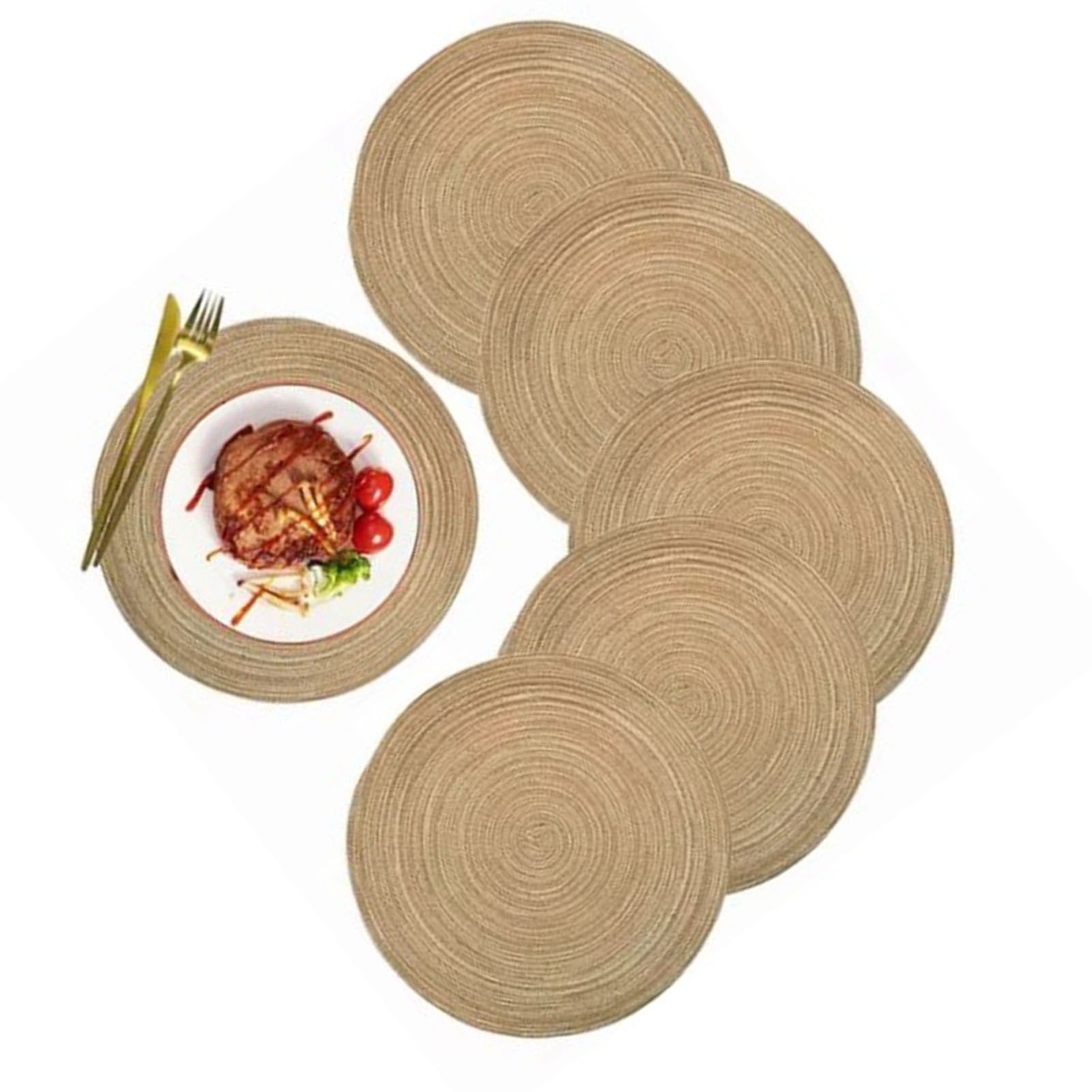 6pcs Round Placemats Slip Proof Prevent Scalding Insulation Decorative Woven Table Mats for Home Cafe Khaki 11.8in - Image 2