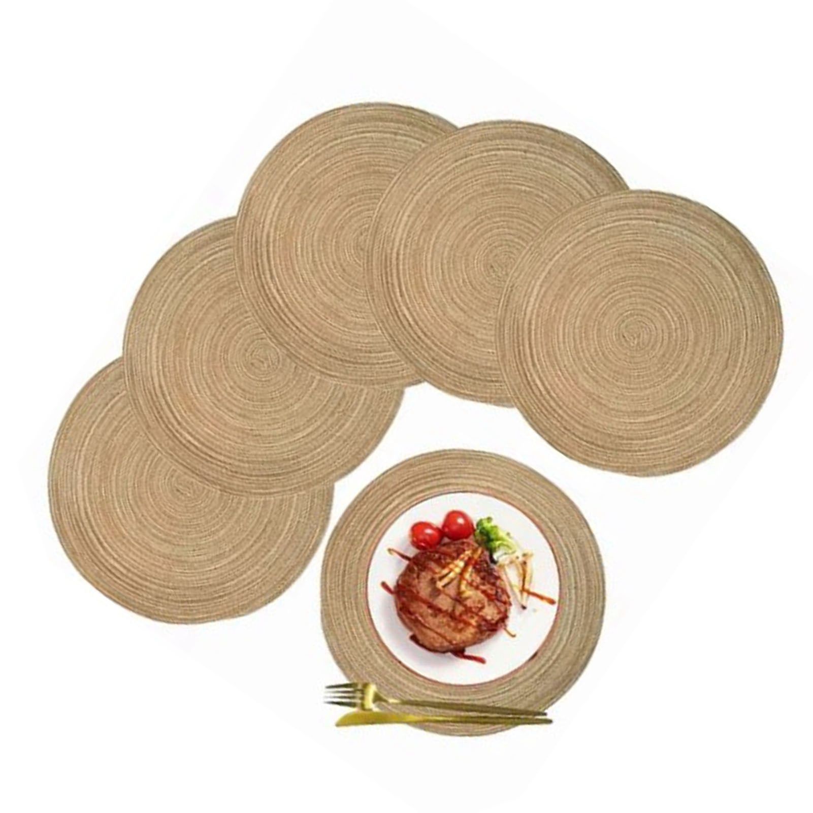 6pcs Round Placemats Slip Proof Prevent Scalding Insulation Decorative Woven Table Mats for Home Cafe Khaki 11.8in - Image 3