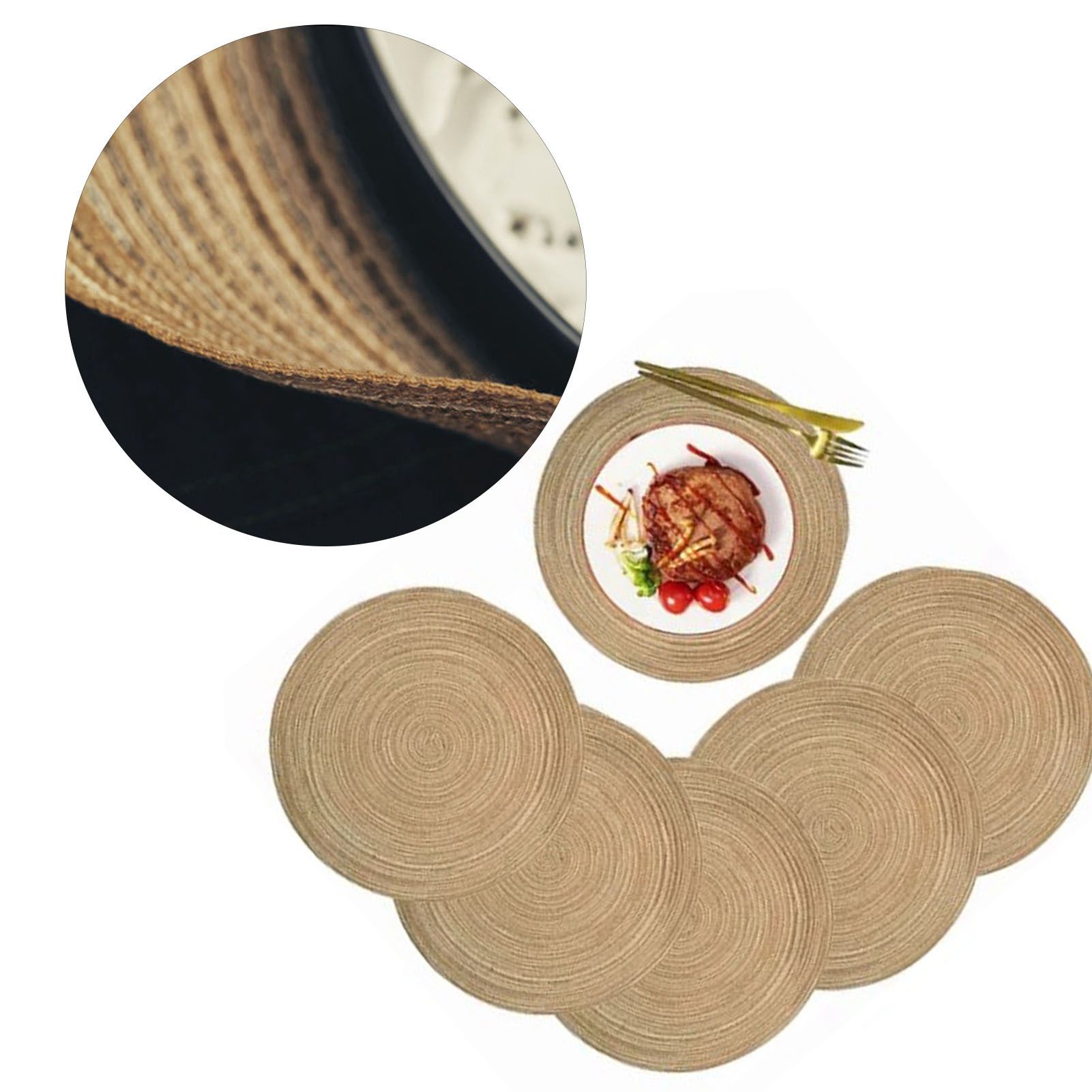 6pcs Round Placemats Slip Proof Prevent Scalding Insulation Decorative Woven Table Mats for Home Cafe Khaki 11.8in - Image 5