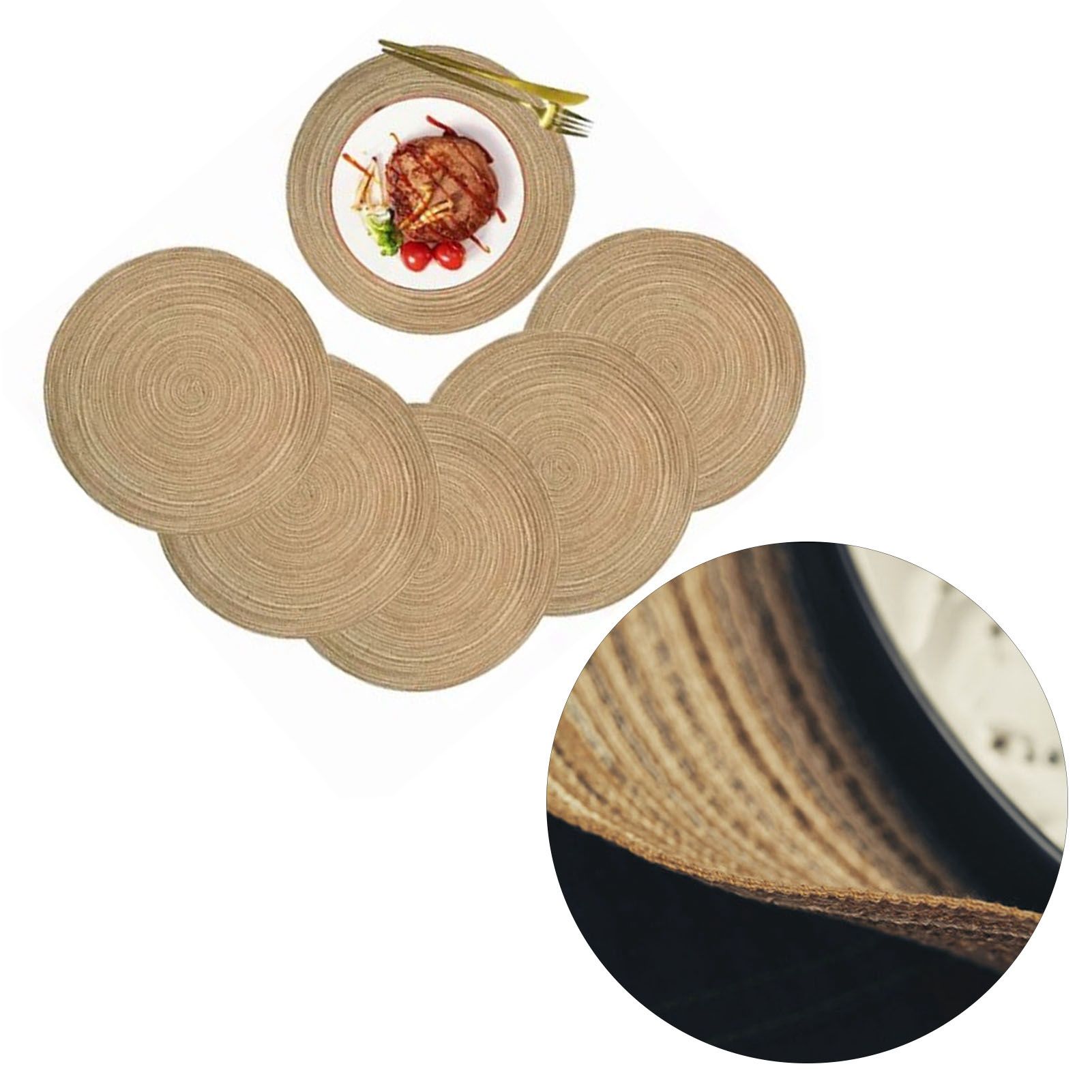 6pcs Round Placemats Slip Proof Prevent Scalding Insulation Decorative Woven Table Mats for Home Cafe Khaki 11.8in - Image 6