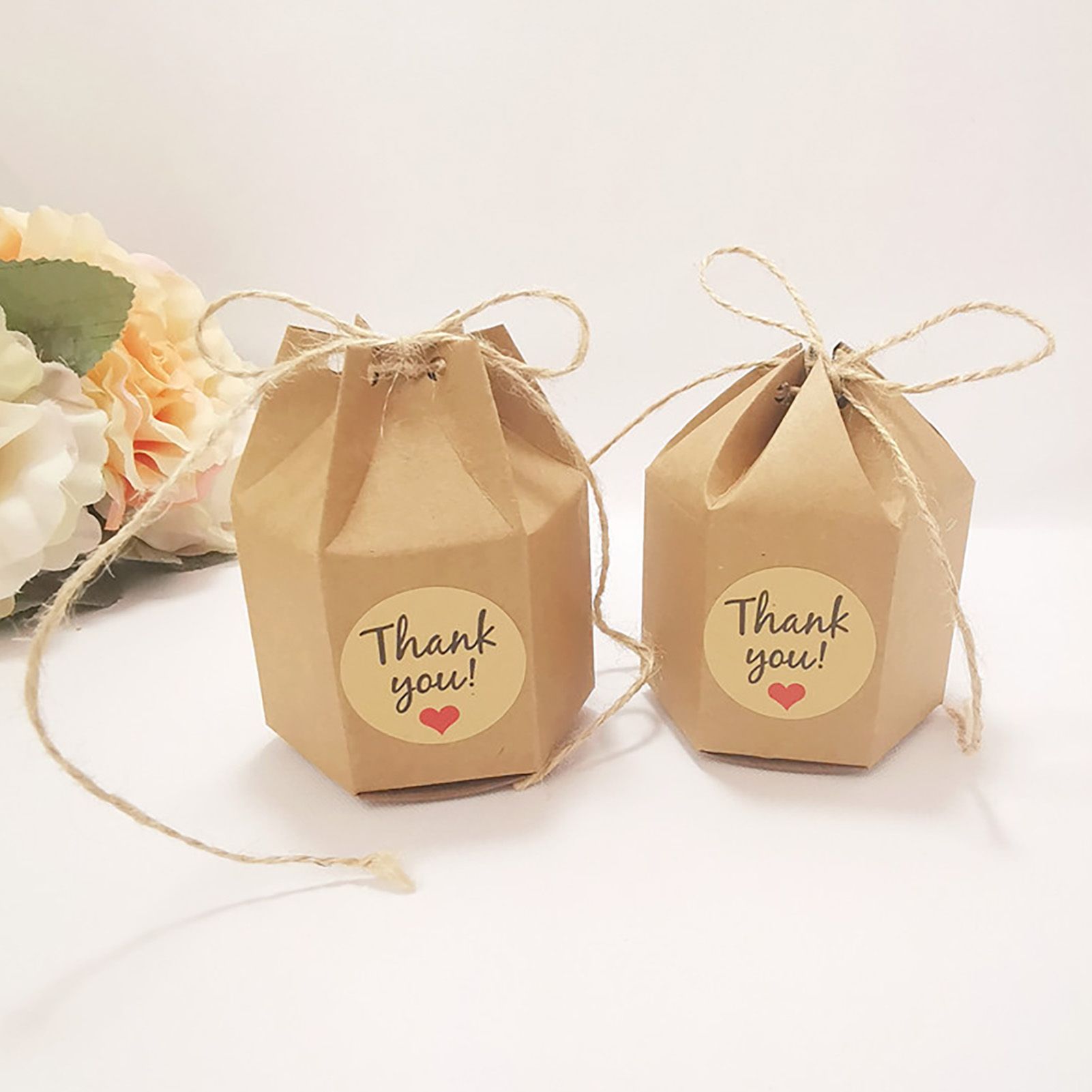 50Pcs Hexagonal Candy Treat Box Exquisite Gift Packaging Box for Wedding Birthday Party Baby Shower Brown Paper - Image 2
