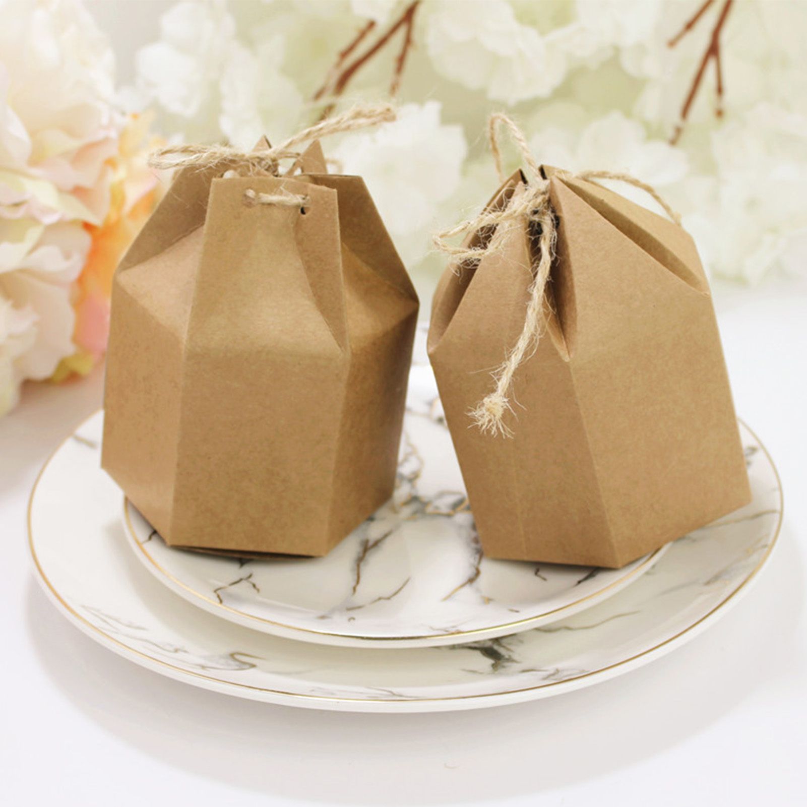 50Pcs Hexagonal Candy Treat Box Exquisite Gift Packaging Box for Wedding Birthday Party Baby Shower Brown Paper - Image 3