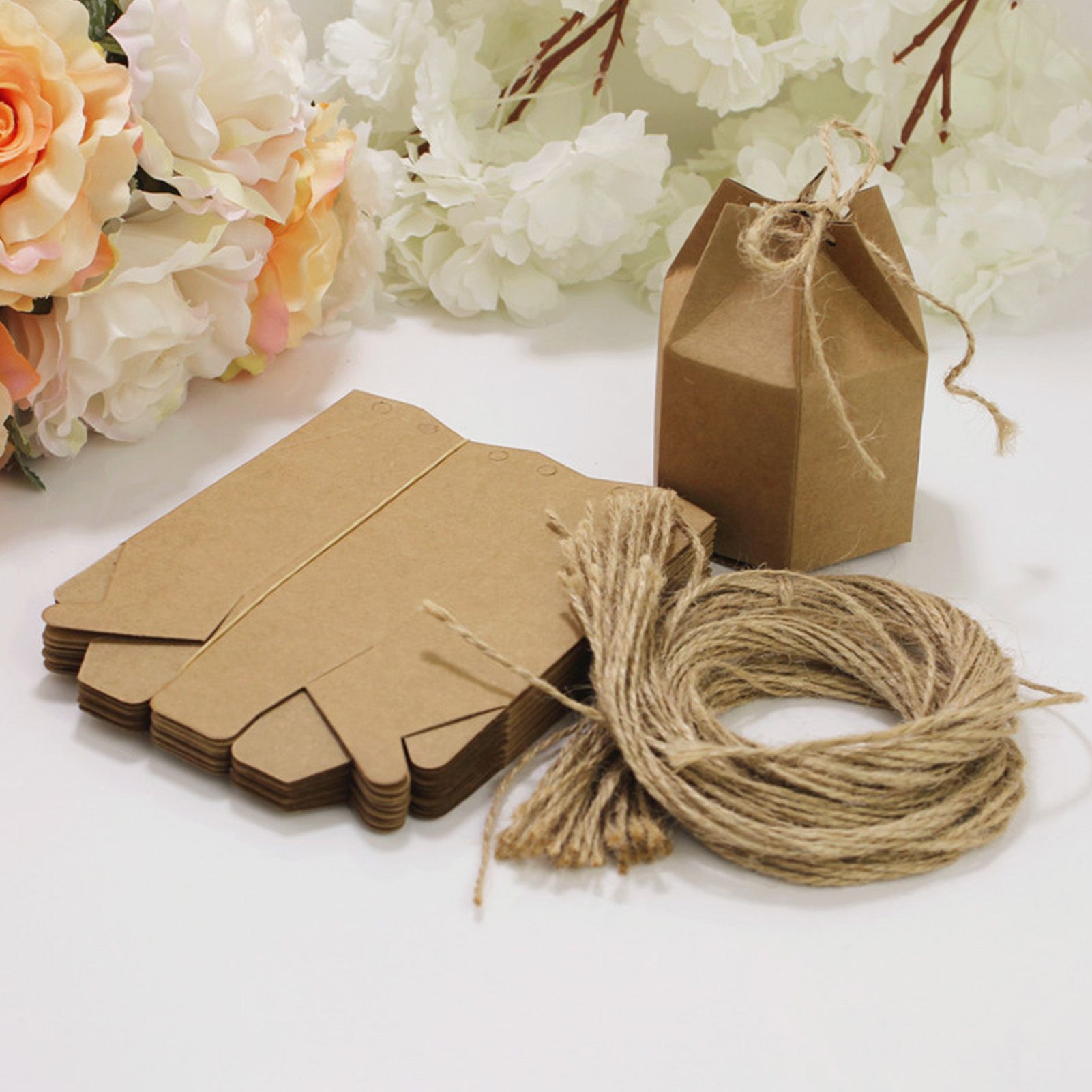 50Pcs Hexagonal Candy Treat Box Exquisite Gift Packaging Box for Wedding Birthday Party Baby Shower Brown Paper - Image 5