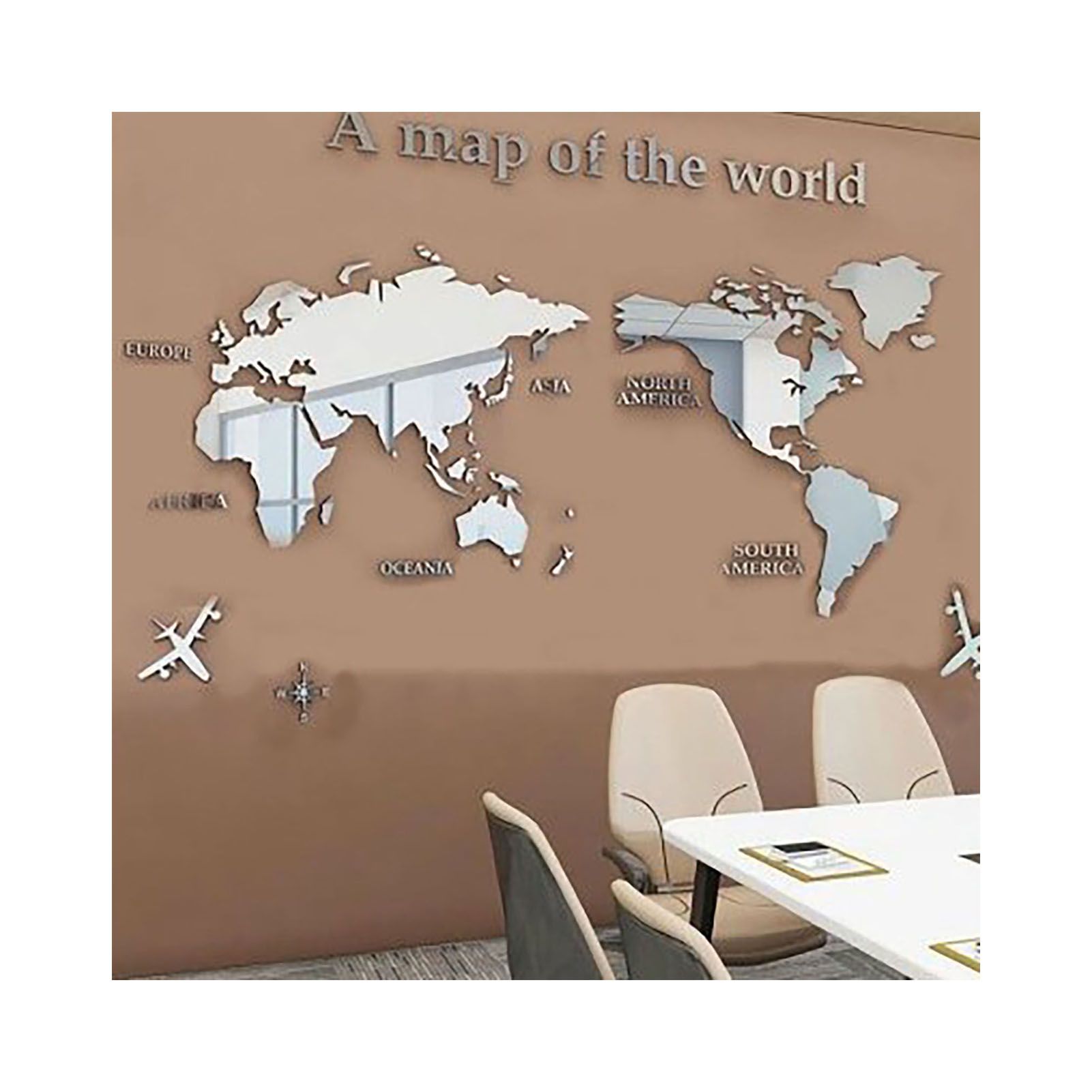 Acrylic Wall Stickers 3D World Map Wall Mirror Sticker for Office Study Living Room Bedroom Silver - Image 1