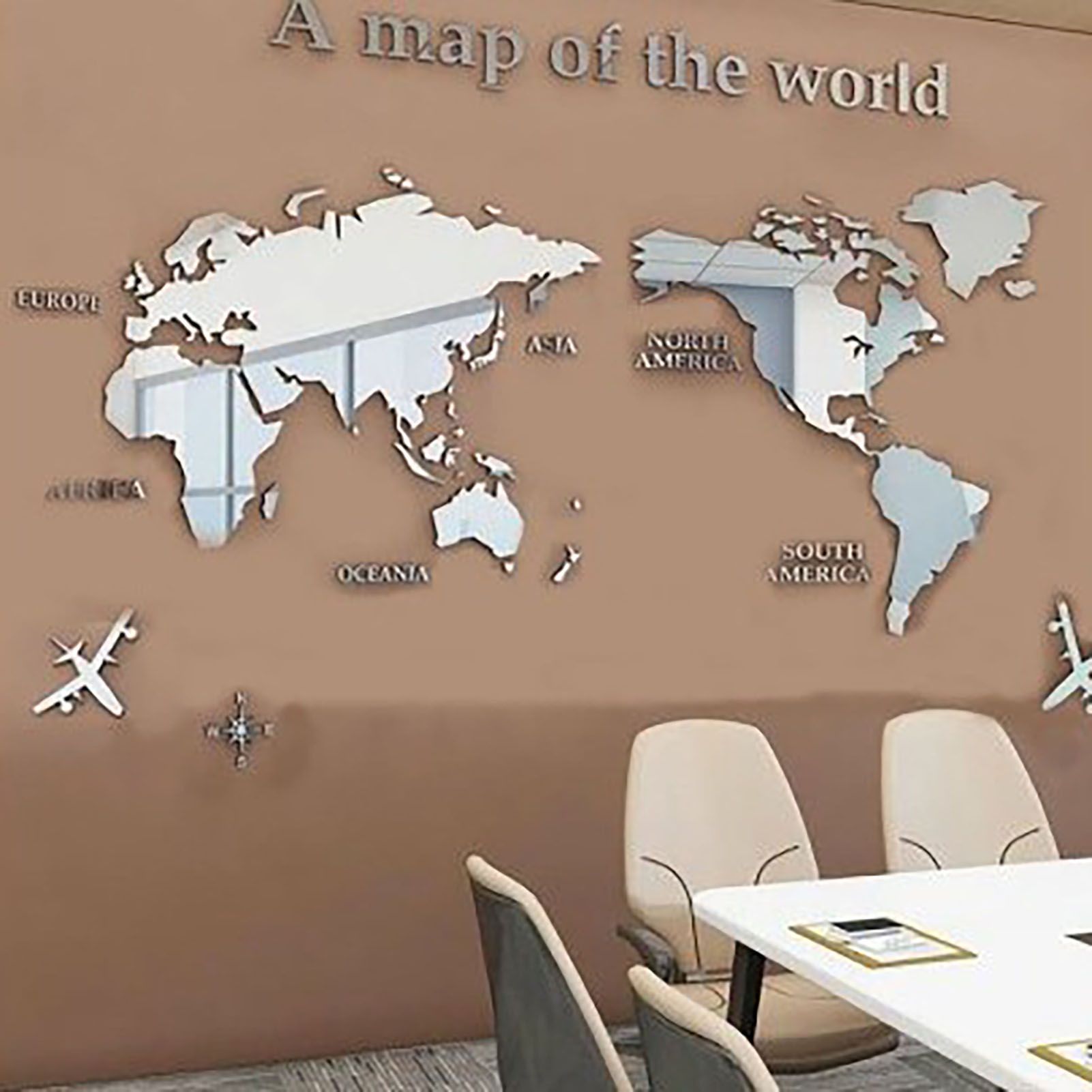 Acrylic Wall Stickers 3D World Map Wall Mirror Sticker for Office Study Living Room Bedroom Silver - Image 2