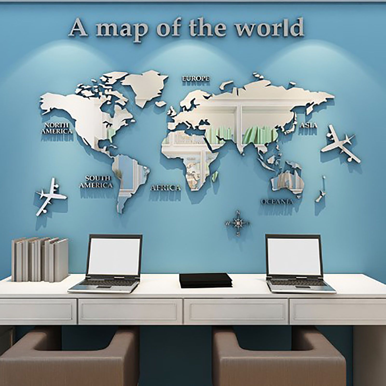 Acrylic Wall Stickers 3D World Map Wall Mirror Sticker for Office Study Living Room Bedroom Silver - Image 3