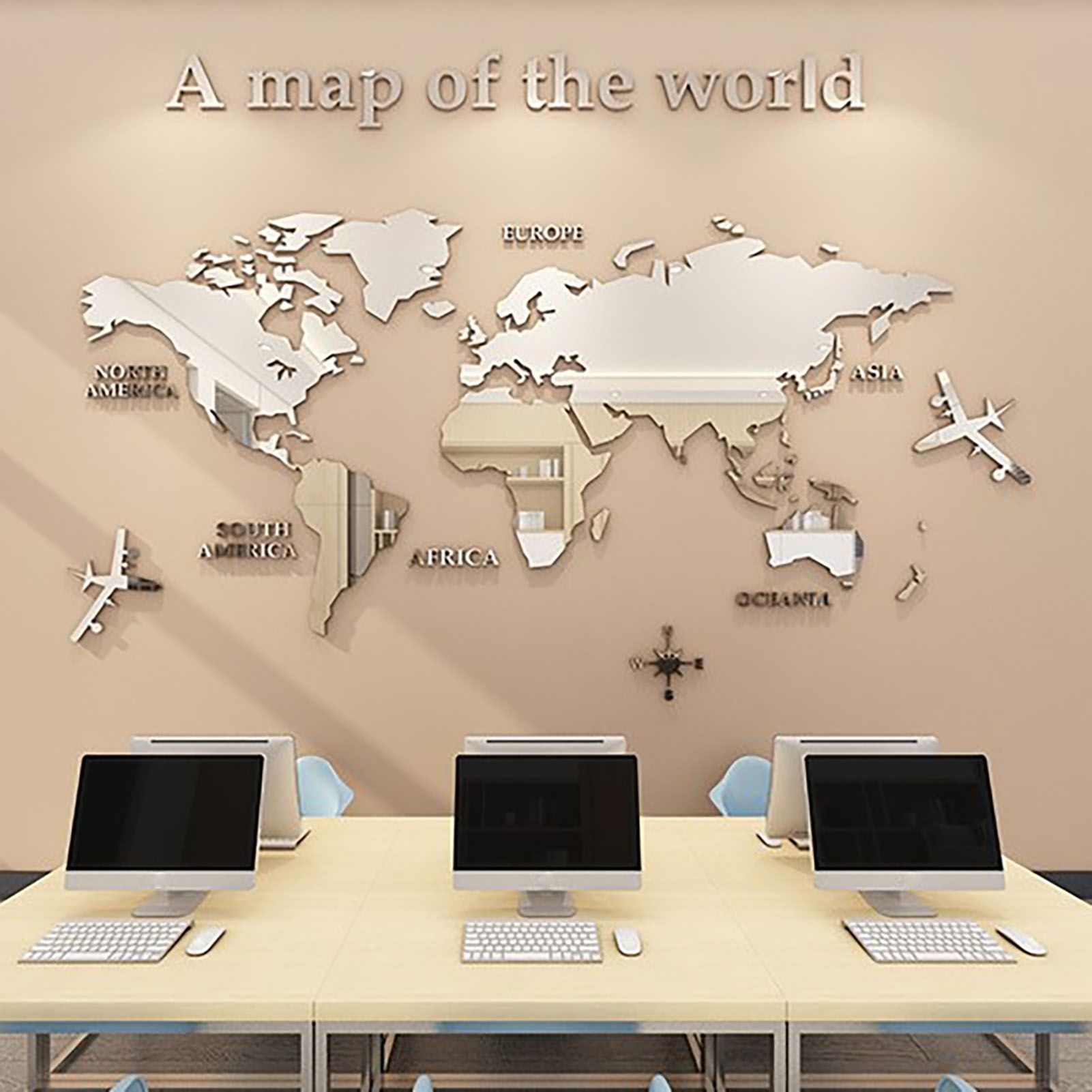 Acrylic Wall Stickers 3D World Map Wall Mirror Sticker for Office Study Living Room Bedroom Silver - Image 4