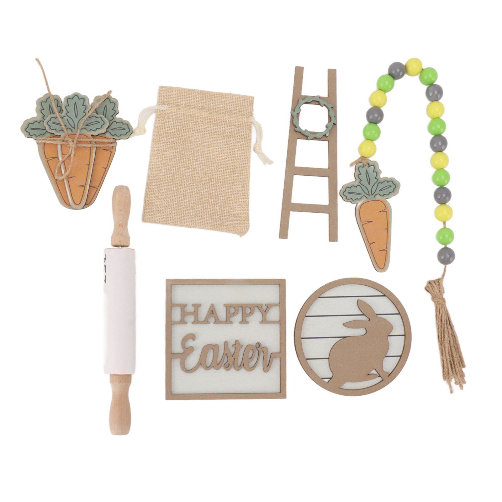 Easter Tiered Tray Decor Bunny Carrot String Bead Rolling Pin Ladder Wooden Easter Tray Decoration - Image 1