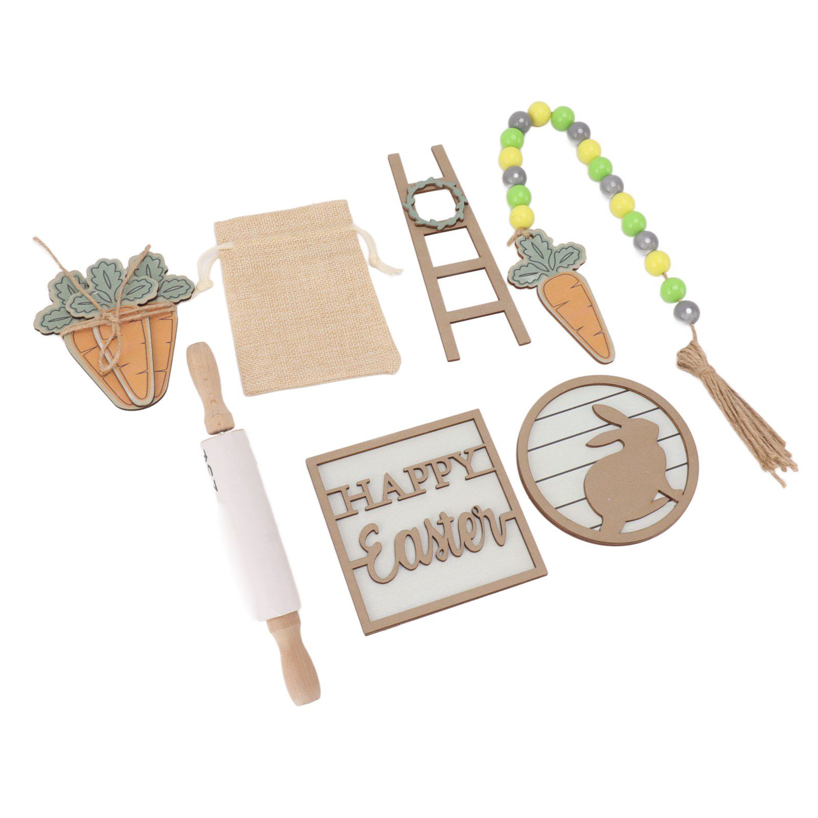 Easter Tiered Tray Decor Bunny Carrot String Bead Rolling Pin Ladder Wooden Easter Tray Decoration - Image 2