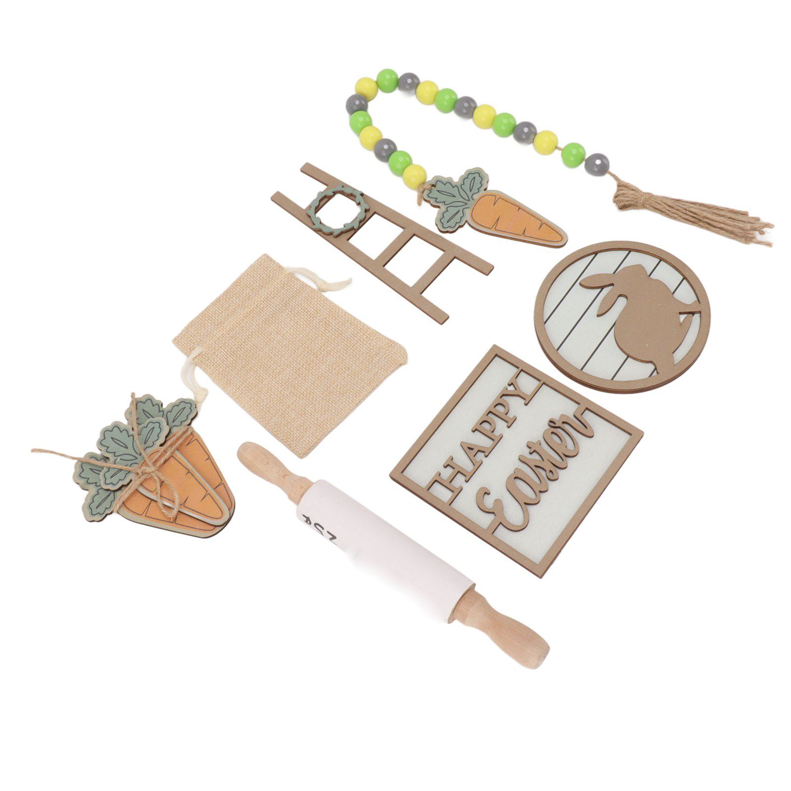 Easter Tiered Tray Decor Bunny Carrot String Bead Rolling Pin Ladder Wooden Easter Tray Decoration - Image 3