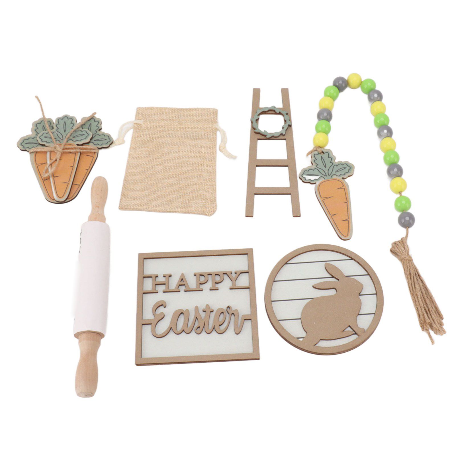 Easter Tiered Tray Decor Bunny Carrot String Bead Rolling Pin Ladder Wooden Easter Tray Decoration - Image 4