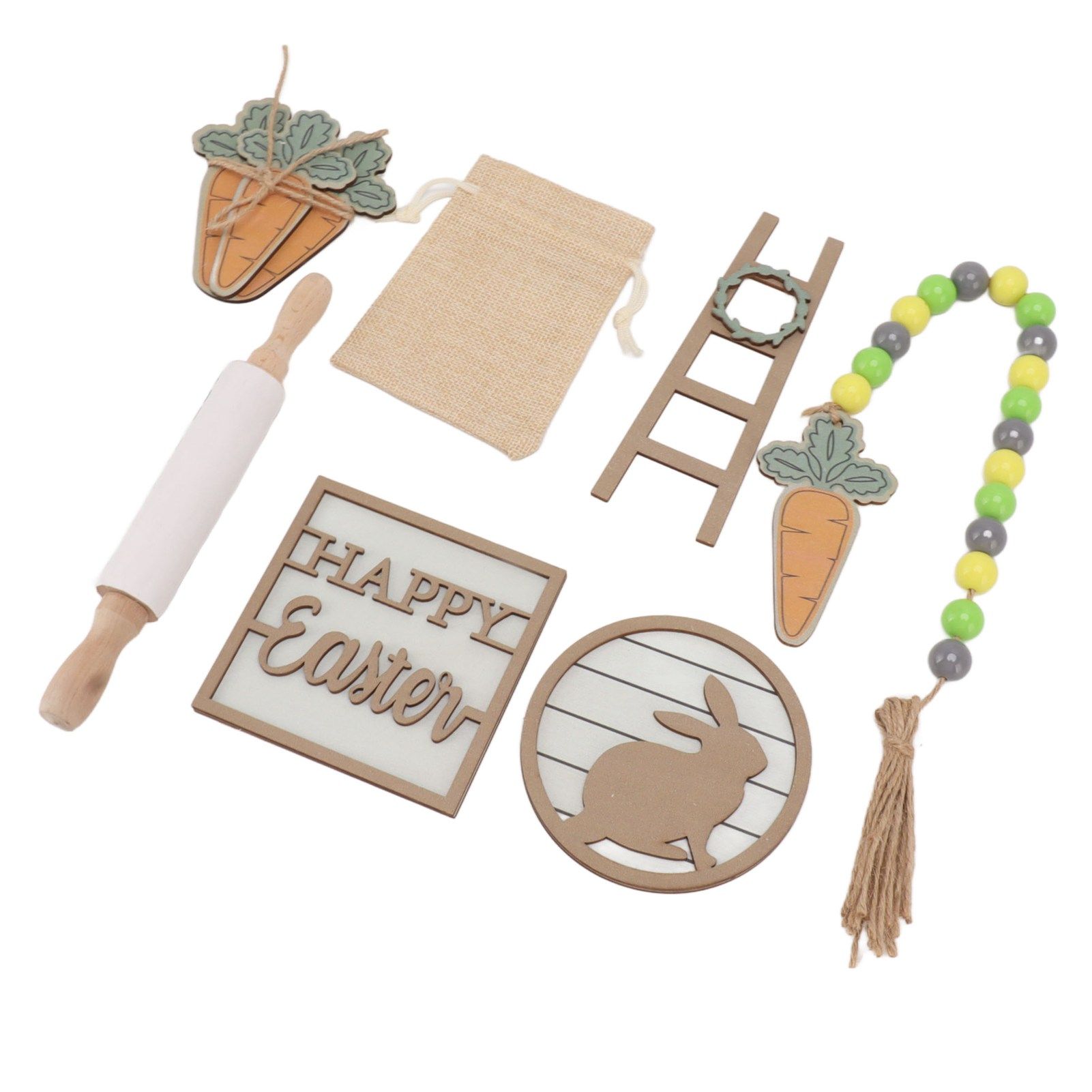 Easter Tiered Tray Decor Bunny Carrot String Bead Rolling Pin Ladder Wooden Easter Tray Decoration - Image 5