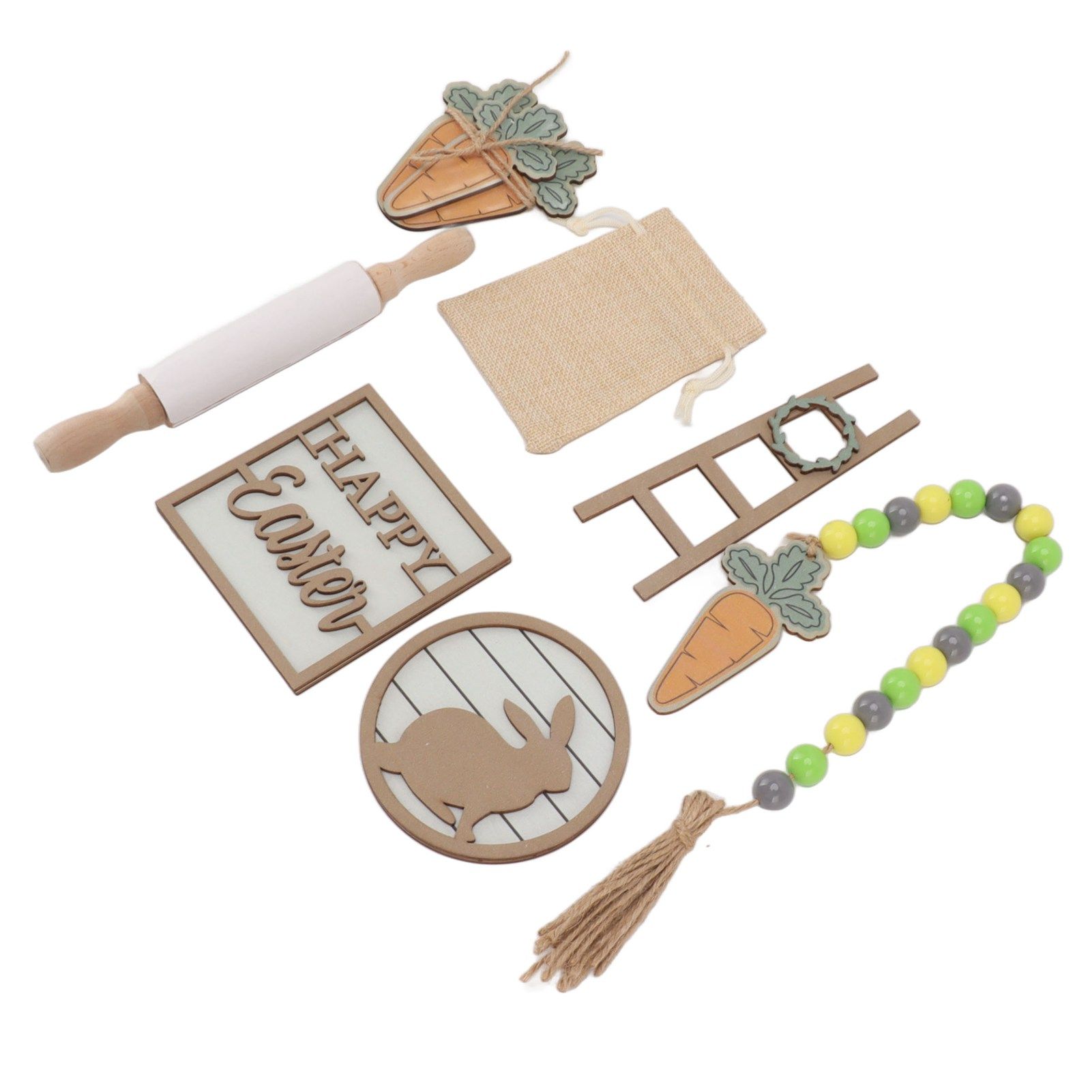 Easter Tiered Tray Decor Bunny Carrot String Bead Rolling Pin Ladder Wooden Easter Tray Decoration - Image 6