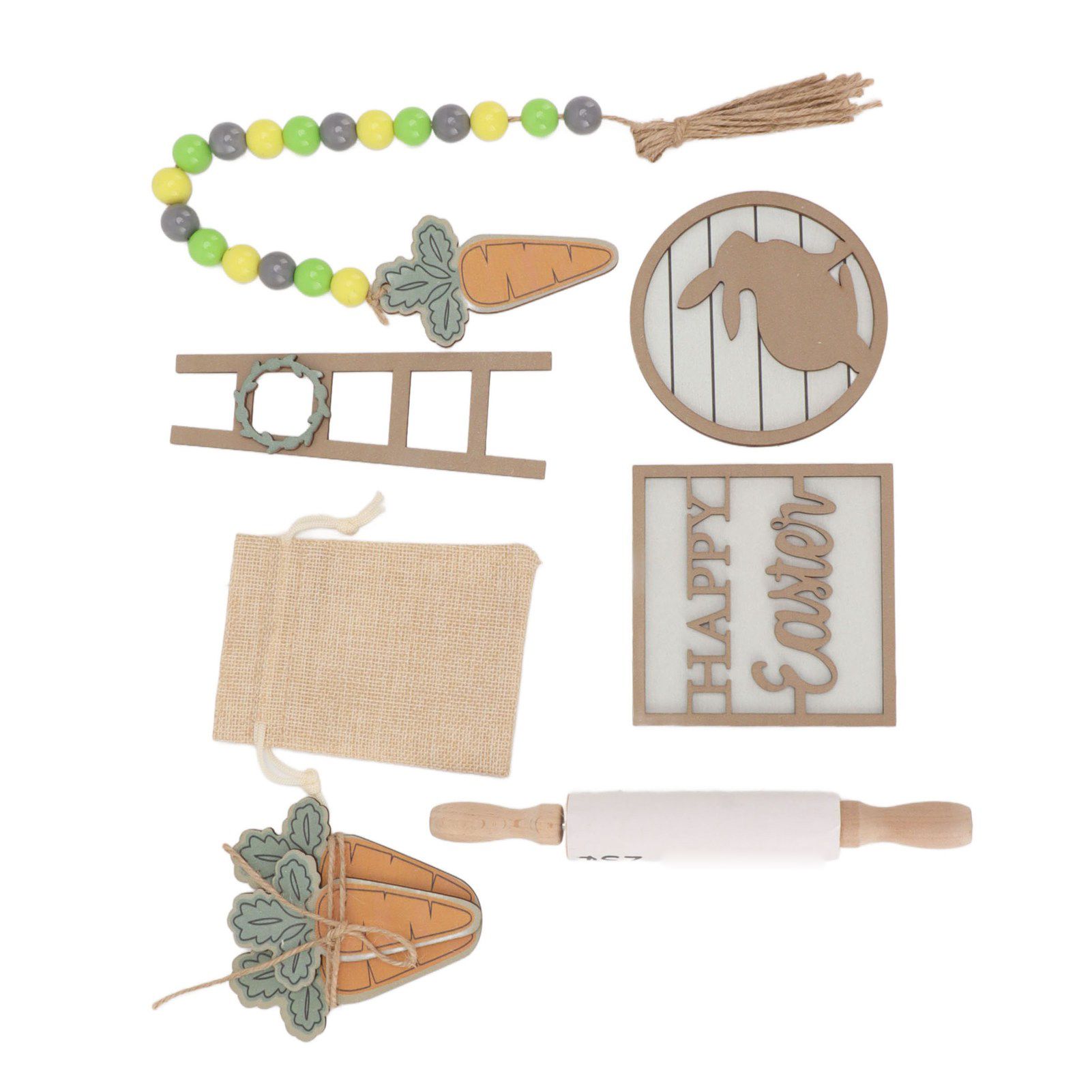 Easter Tiered Tray Decor Bunny Carrot String Bead Rolling Pin Ladder Wooden Easter Tray Decoration - Image 7