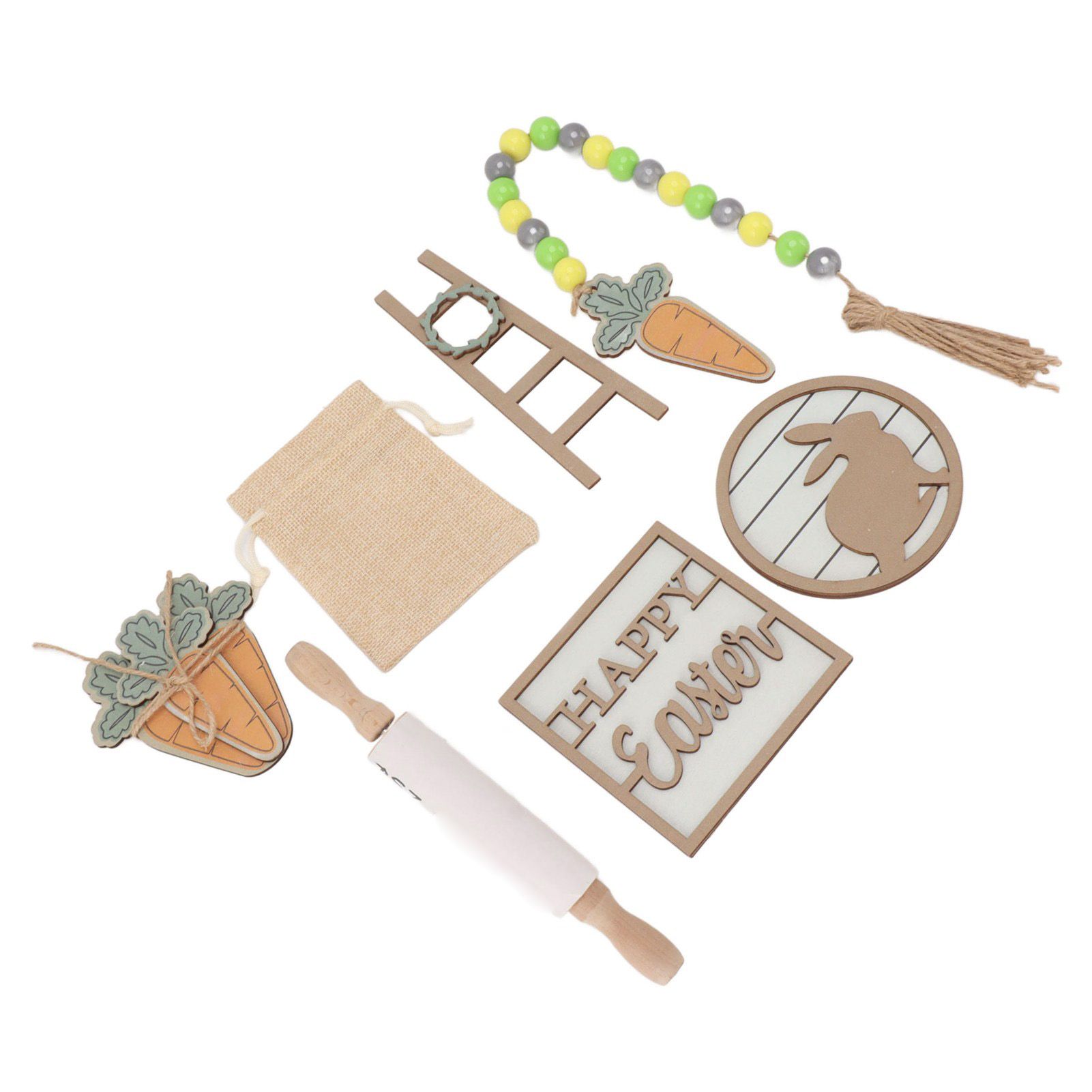 Easter Tiered Tray Decor Bunny Carrot String Bead Rolling Pin Ladder Wooden Easter Tray Decoration - Image 8
