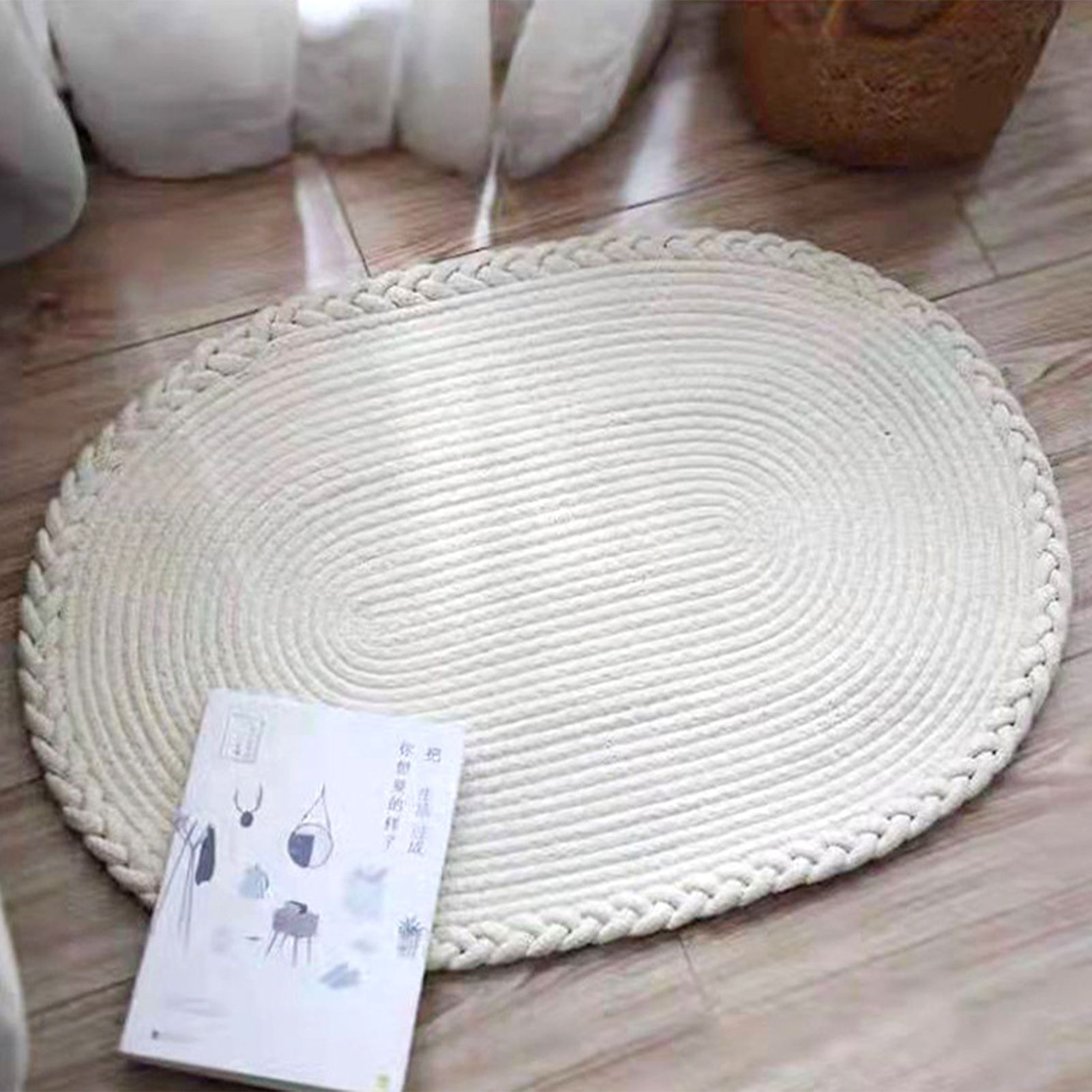 Bedroom Carpet Hand Woven Bedside Rug Study Living Room Oval Carpet Pure Color Floor Mat White - Image 5