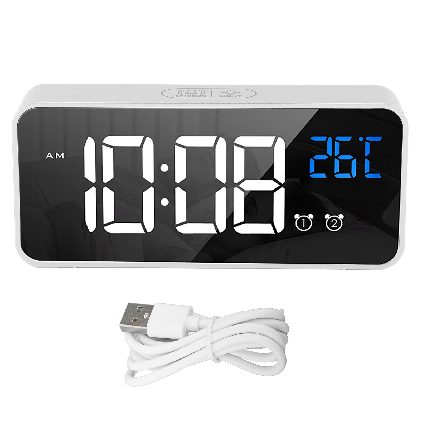 Mirror LED Alarm Clock Two Sets of Alarm Rechargeable Voice Activated Digital Clock for Bedrooms Bedside Desk Silver - Image 1
